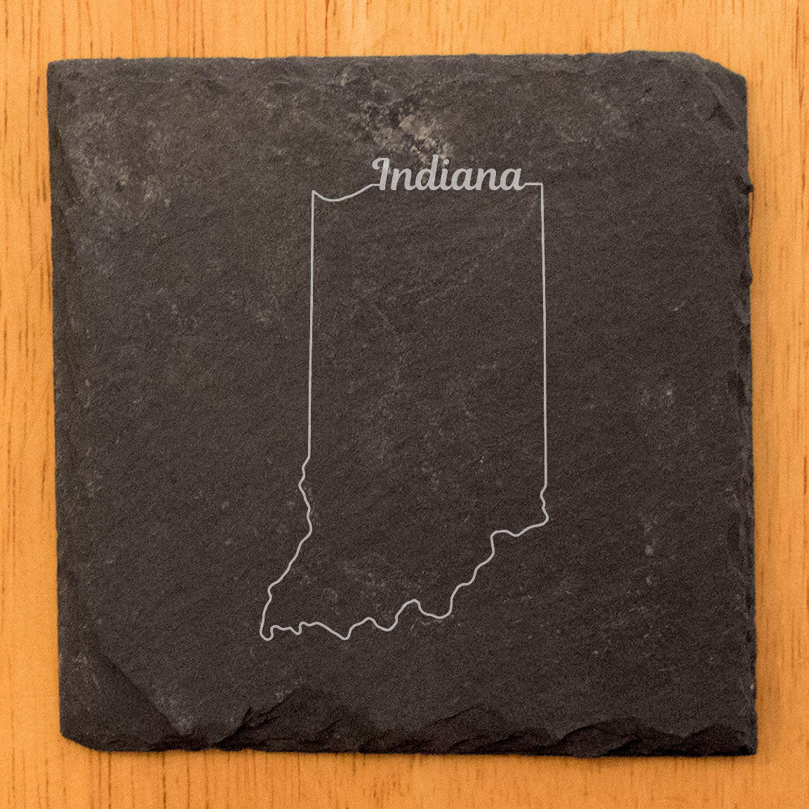 Rustic Slate Coasters Set of 4, Indiana State Design, 4" Round, Laser Etched, Natural Chipped Edge, Rubber Feet, , Perfect for Holidays, Birthdays, Housewarming, Made in Oregon, USA