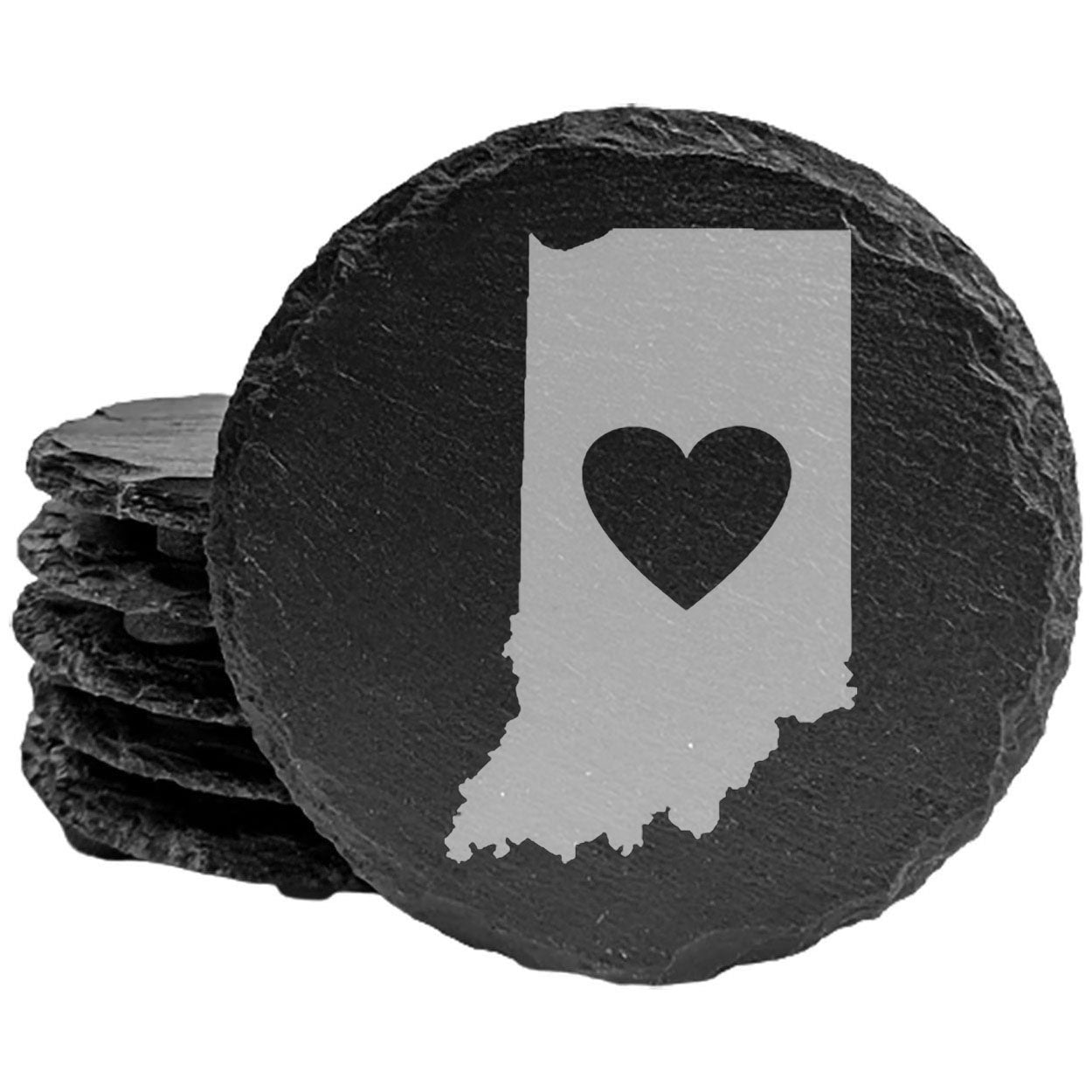 Rustic Slate Coasters Set of 4, Indiana Heart Design, 4" Round, Laser Etched, Natural Chipped Edge, Rubber Feet, , Perfect for Holidays, Birthdays, Housewarming, Made in Oregon, USA
