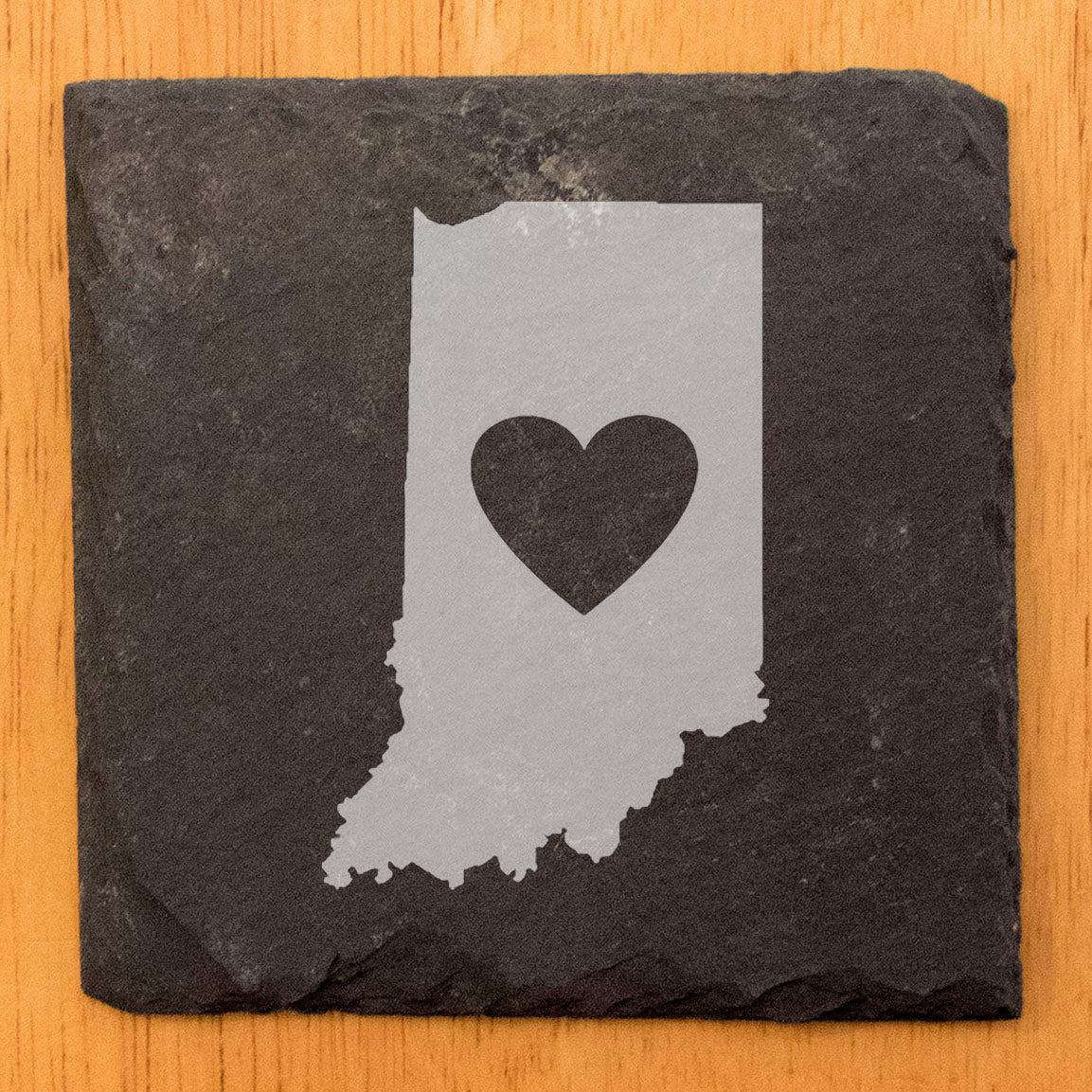 Rustic Slate Coasters Set of 4, Indiana Heart Design, 4" Round, Laser Etched, Natural Chipped Edge, Rubber Feet, , Perfect for Holidays, Birthdays, Housewarming, Made in Oregon, USA