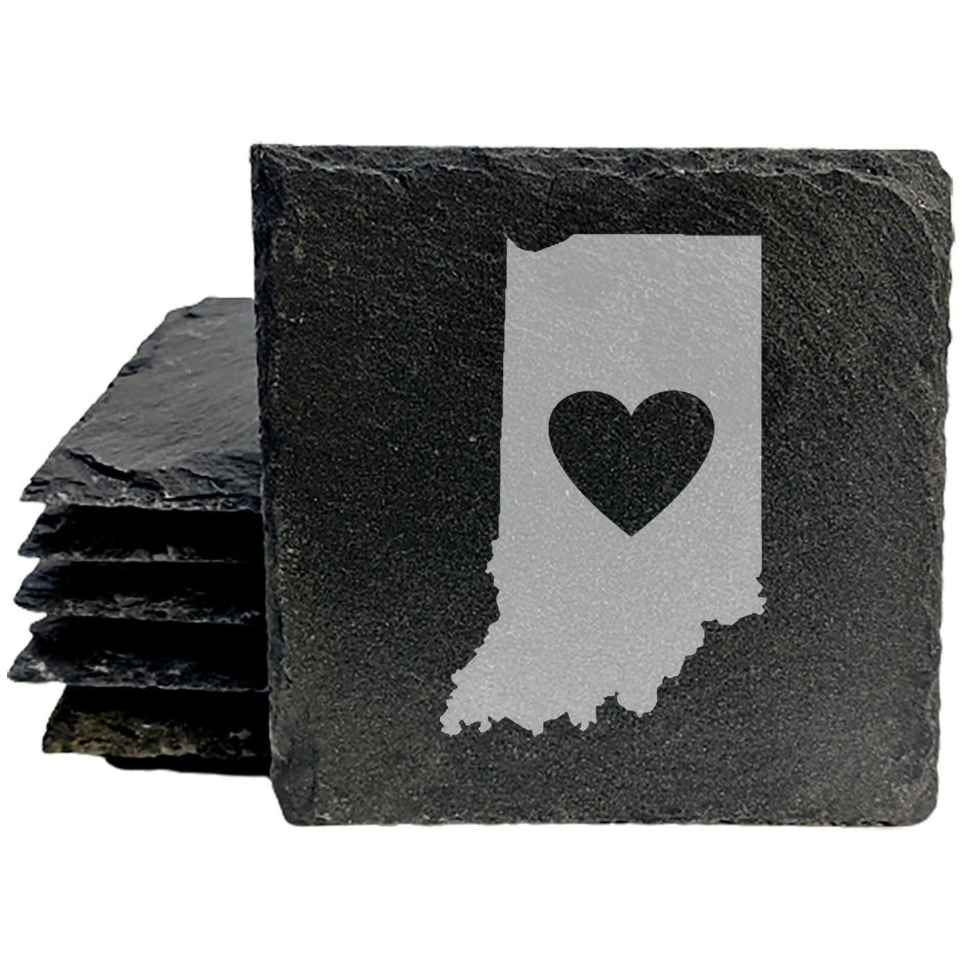 Rustic Slate Coasters Set of 4, Indiana Heart Design, 4" Round, Laser Etched, Natural Chipped Edge, Rubber Feet, , Perfect for Holidays, Birthdays, Housewarming, Made in Oregon, USA