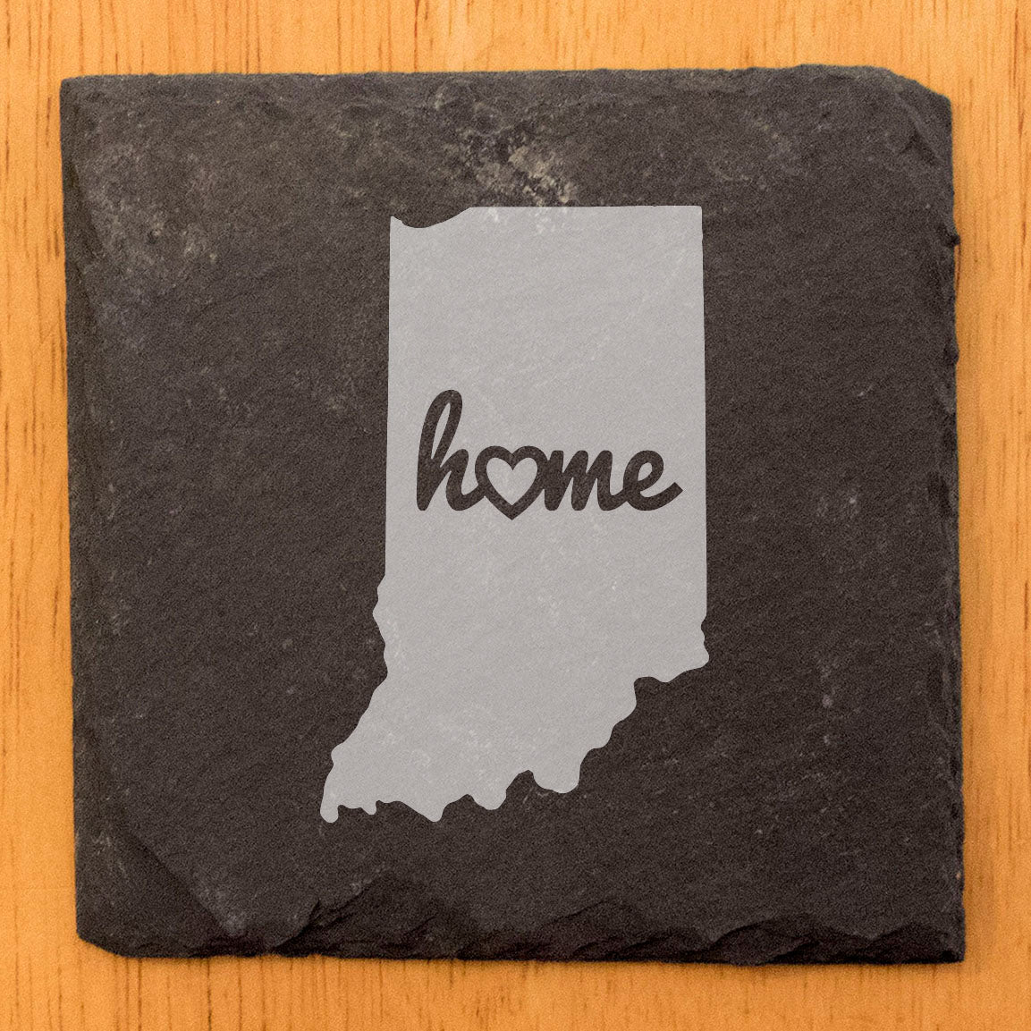 Rustic Slate Coasters Set of 4, Indiana 'Home' Design, 4" Round, Laser Etched, Natural Chipped Edge, Rubber Feet, , Perfect for Holidays, Birthdays, Housewarming, Made in Oregon, USA