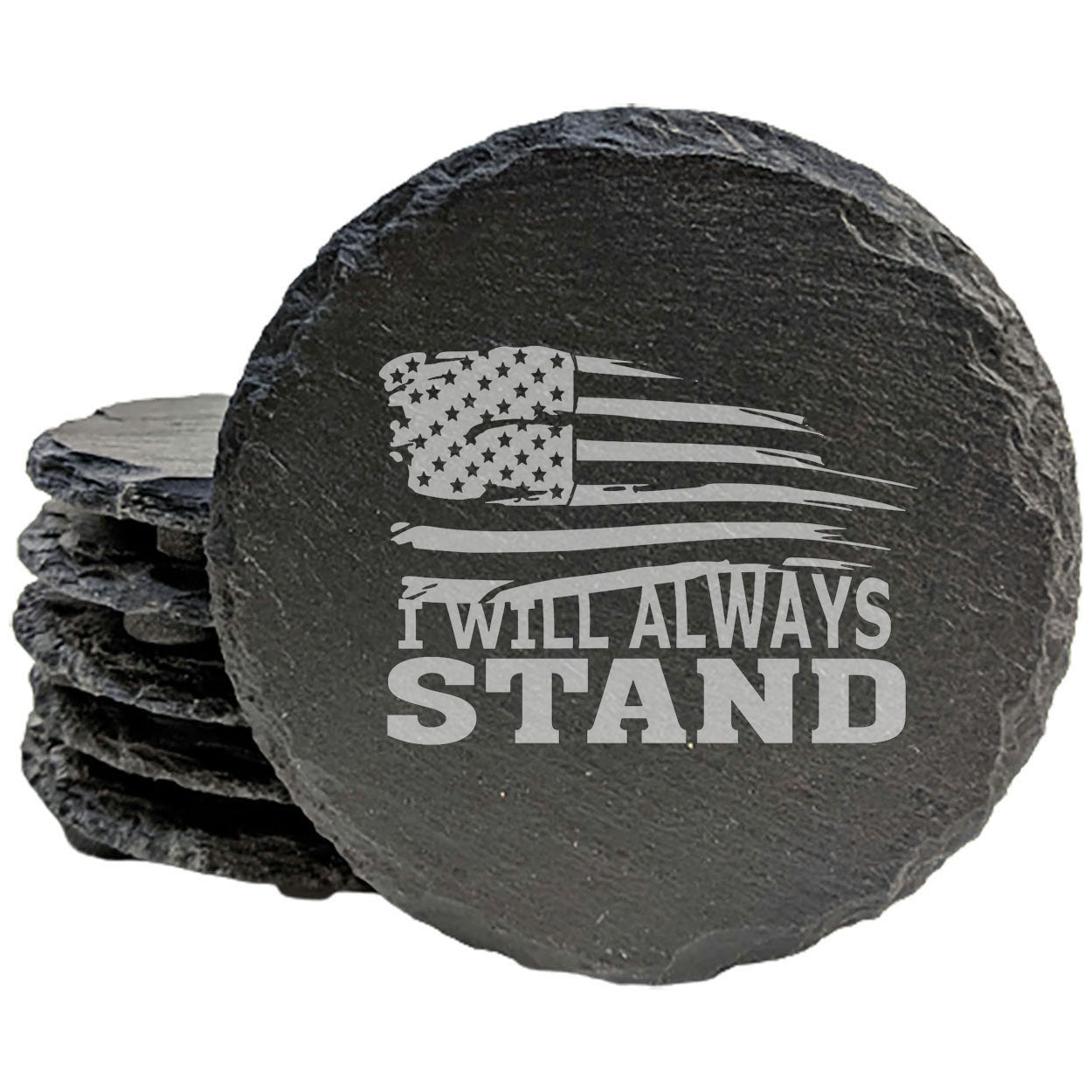 A Symbol of Strength: Tattered American Flag Coasters with "I Will Always Stand" Message