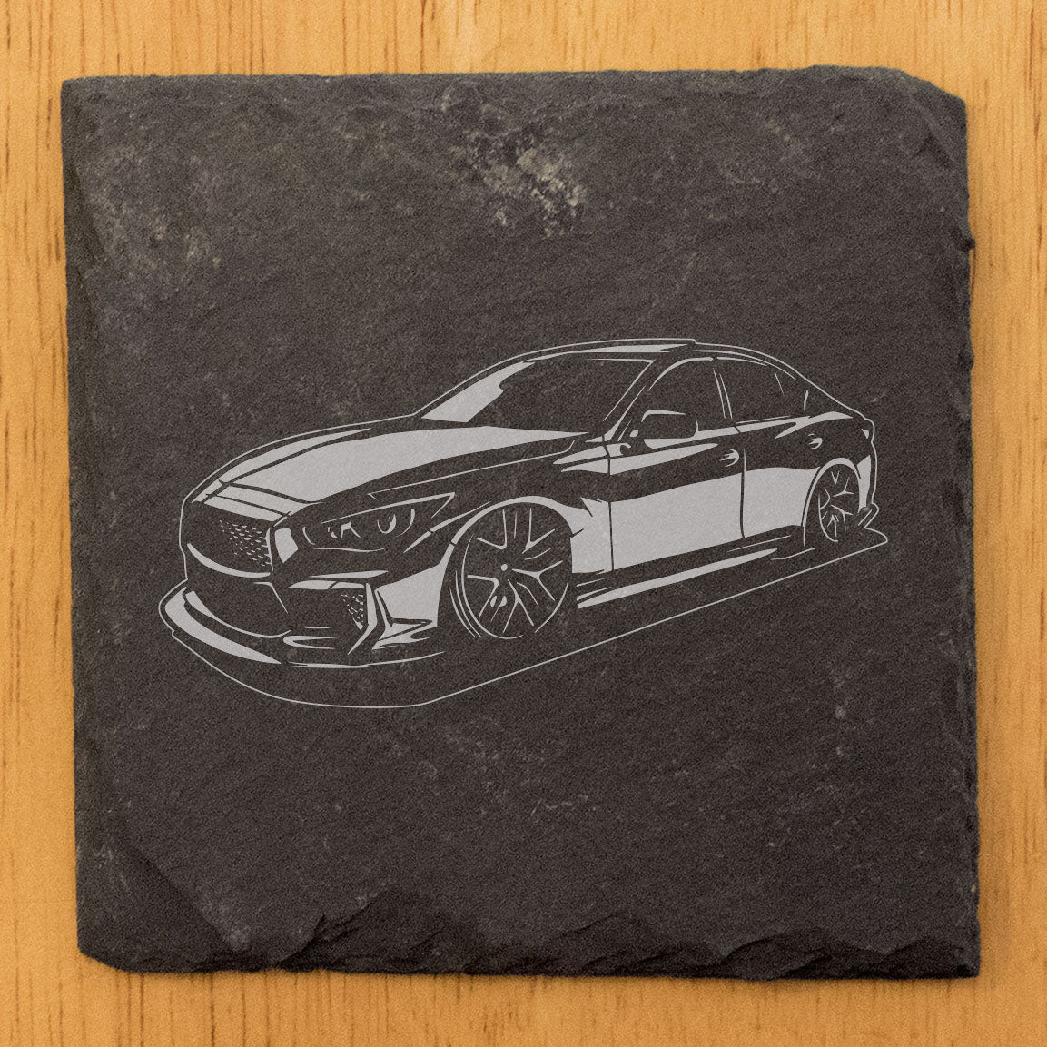 Infinity Q50 Design Rustic Gray Slate Coasters Set of 4 - Laser Etched, Natural Chipped Edge, Rubber Feet - Perfect for Holidays, Birthdays, Housewarming Gifts - Made in Oregon by Small Business