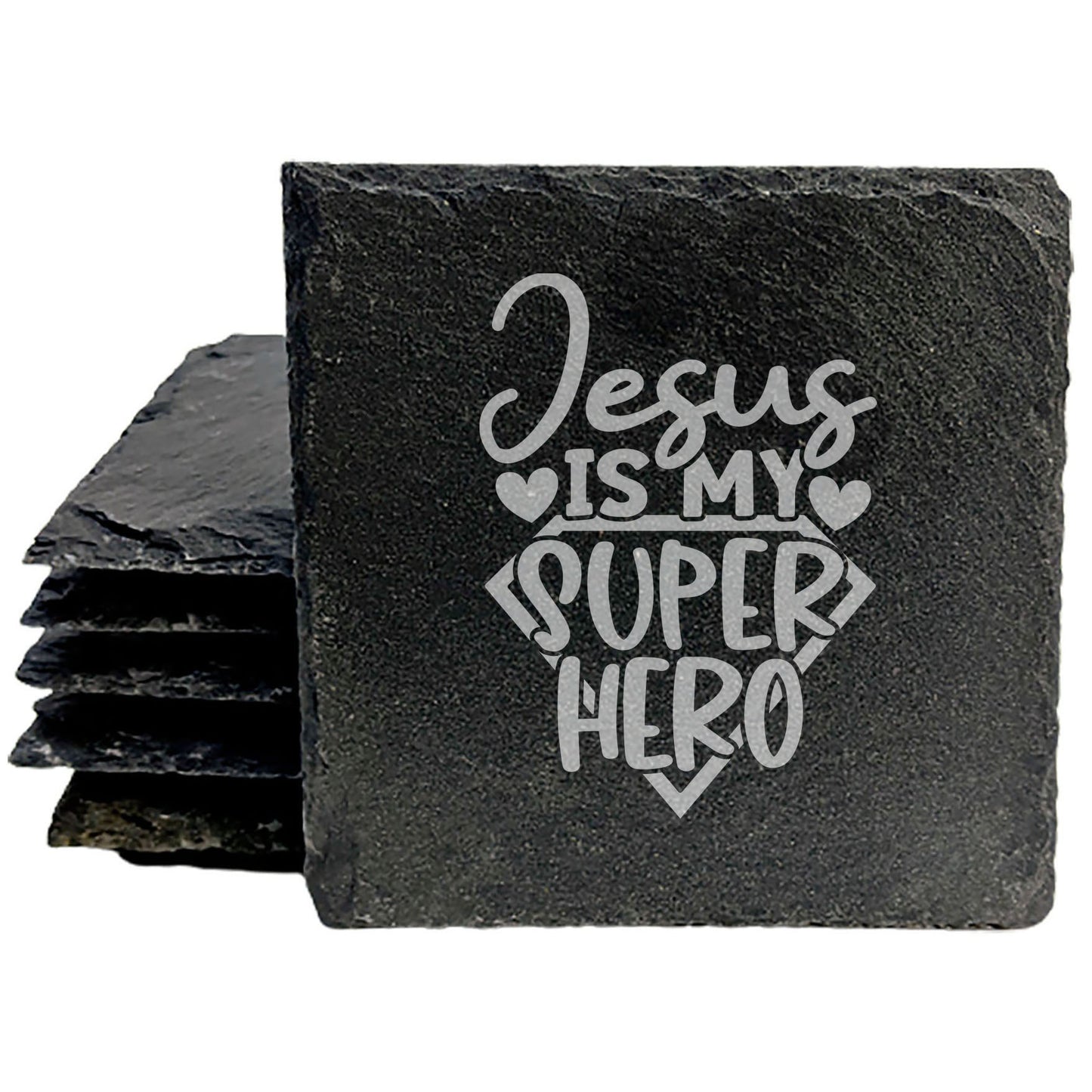 Faith and Hope: Laser Etched Faith & Strength: "Jesus is My Superhero" Coasters on Slate