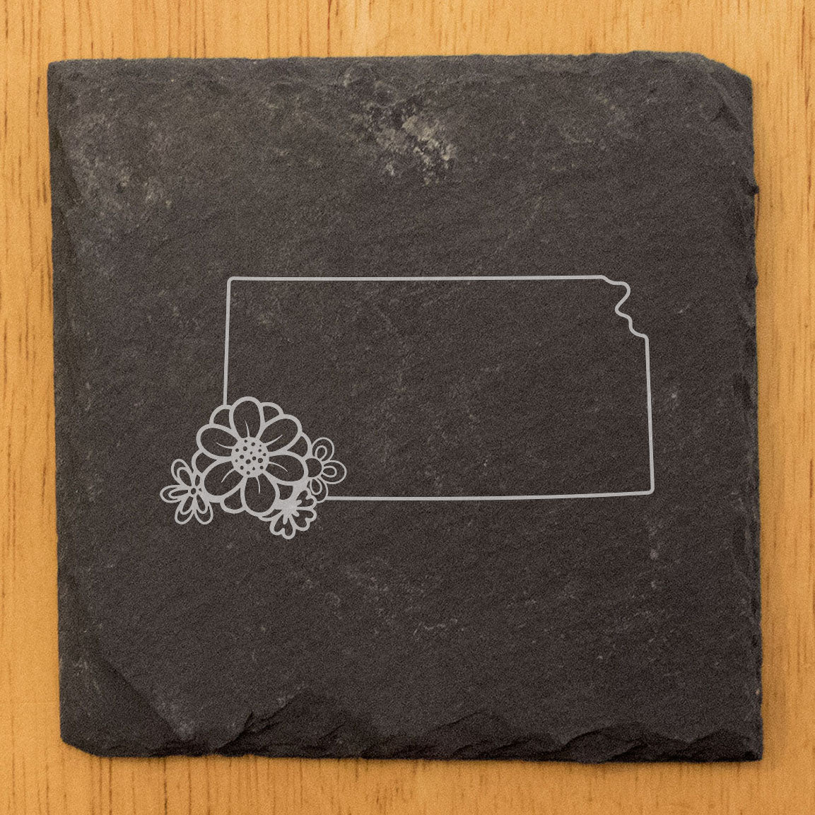 Rustic Slate Coasters Set of 4 - Kansas State Outline Design w/ Flower - Perfect Gift for Holidays, Birthdays, Housewarming - 4" Round/Square - Made in Oregon, USA - Natural Chipped Edge