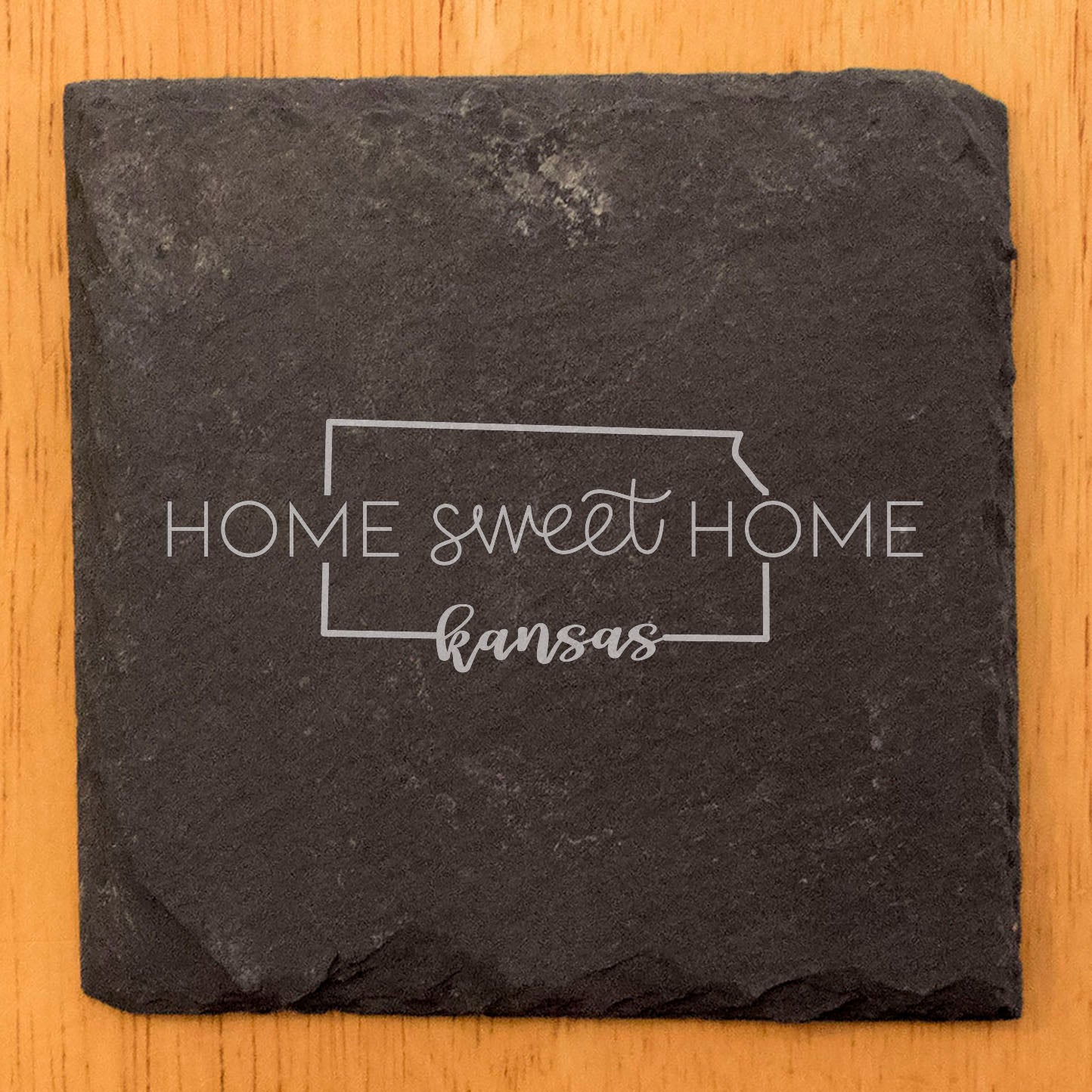 Rustic Slate Coasters Set of 4 - Round 4" with Kansas 'Home Sweet Home' Design, Perfect for Holidays, Birthdays, Housewarming Gifts - Made in Oregon, USA by Small Business - Natural Chipped Edge