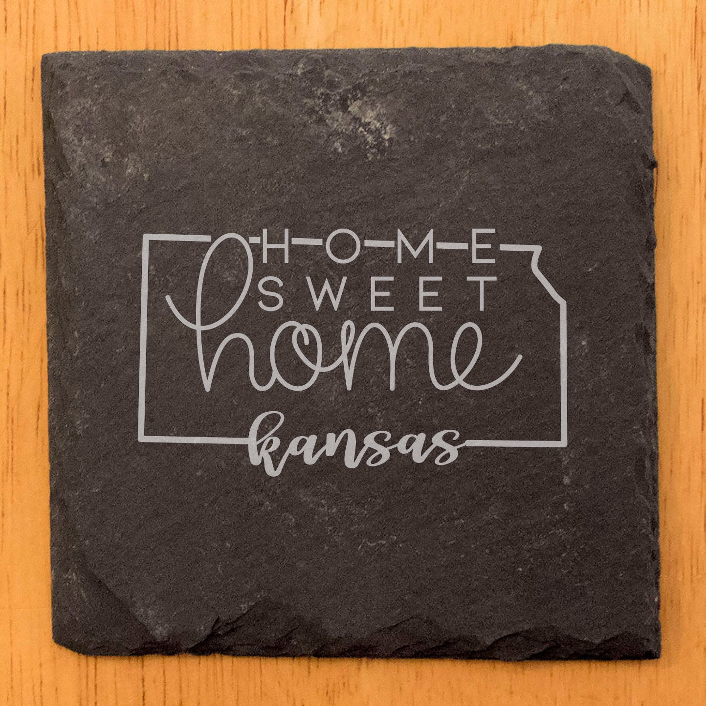 Rustic Slate Coasters Set of 4, 4" Round, Laser Etched Kansas Design, 'Home Sweet Home', Perfect Gift for Holidays, Birthdays, Housewarming, She-Shed, Man Cave, Made in Oregon, USA