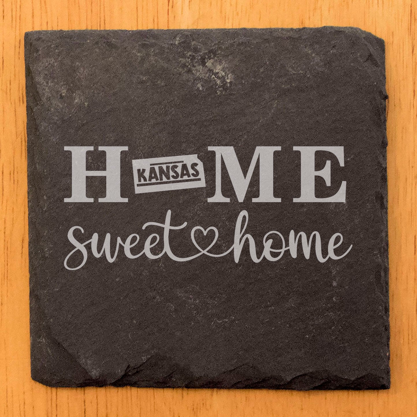 Rustic Slate Coasters Set of 4, Round 4" with 'HOME SWEET HOME' Kansas Design, Perfect for Holidays, Birthdays, Housewarming Gifts, She-Shed or Man Cave, Made in Oregon, USA, Natural Chipped Edge