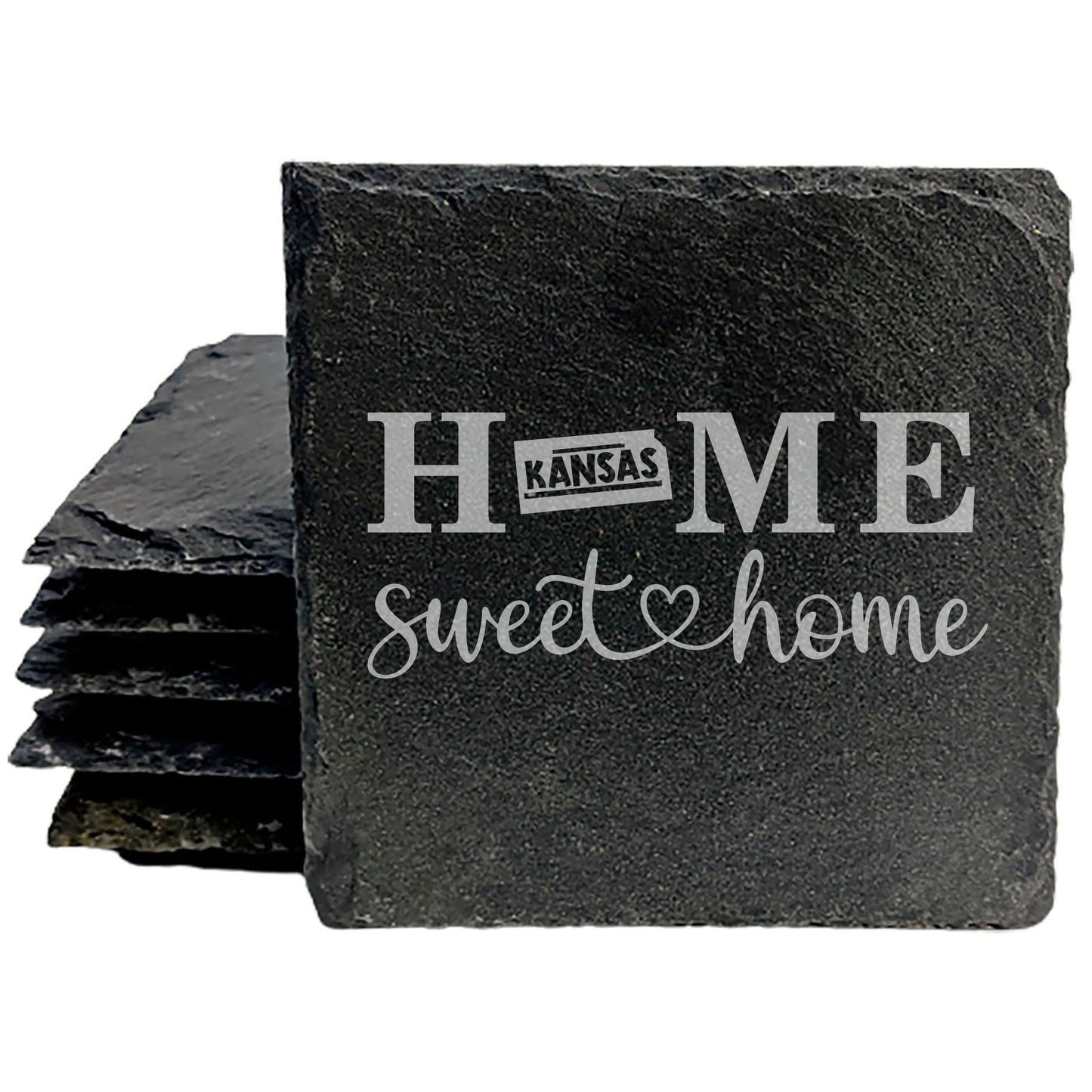 Rustic Slate Coasters Set of 4, Round 4" with 'HOME SWEET HOME' Kansas Design, Perfect for Holidays, Birthdays, Housewarming Gifts, She-Shed or Man Cave, Made in Oregon, USA, Natural Chipped Edge