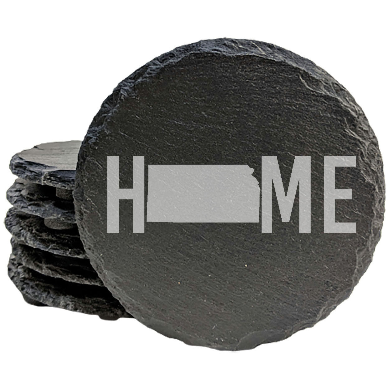 Rustic Slate Coasters Set of 4, Round 4" with Kansas 'HOME' Design, Laser Etched, Perfect for Holidays, Birthdays, Housewarming Gifts, Made in Oregon, USA, Natural Chipped Edge, Rubber Feet