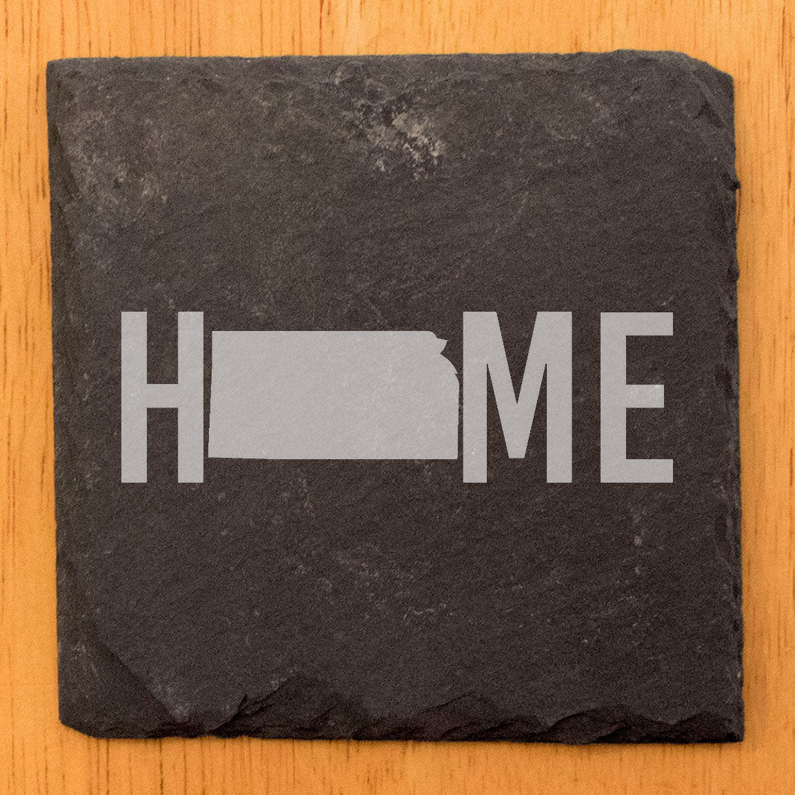 Rustic Slate Coasters Set of 4, Round 4" with Kansas 'HOME' Design, Laser Etched, Perfect for Holidays, Birthdays, Housewarming Gifts, Made in Oregon, USA, Natural Chipped Edge, Rubber Feet