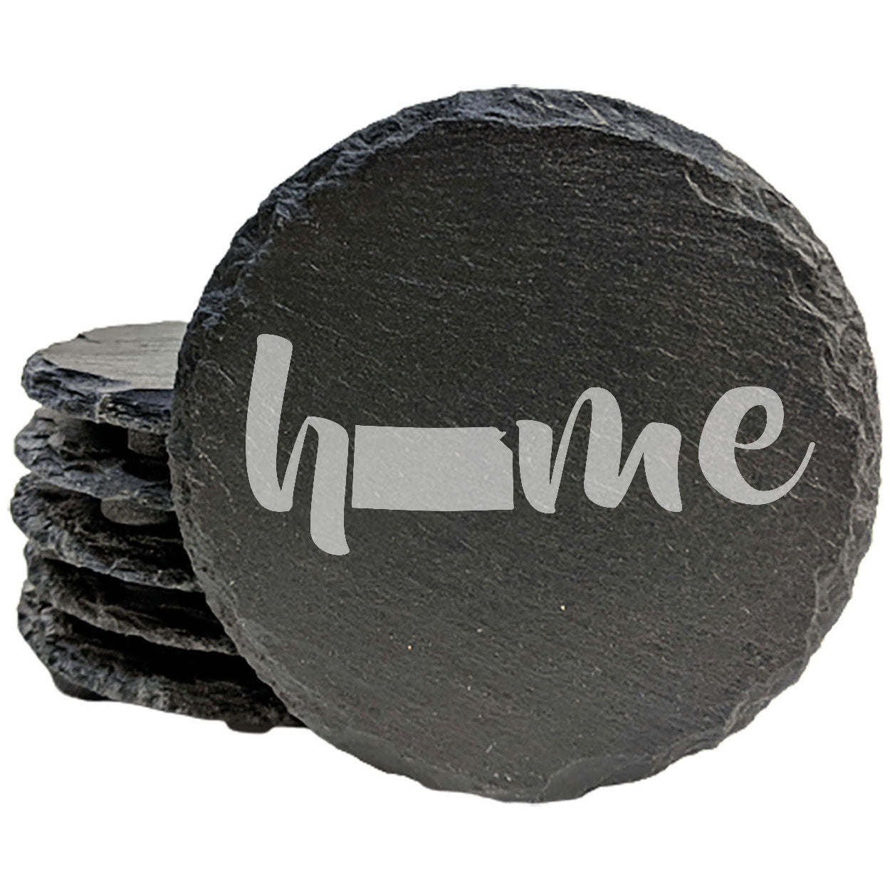 Rustic Slate Coasters Set of 4 - Laser Etched 'Home' Design with Kansas State - Perfect Gift for Holidays, Birthdays, Housewarming - 4" Round/Square - Made in Oregon, USA - Natural Chipped Edge