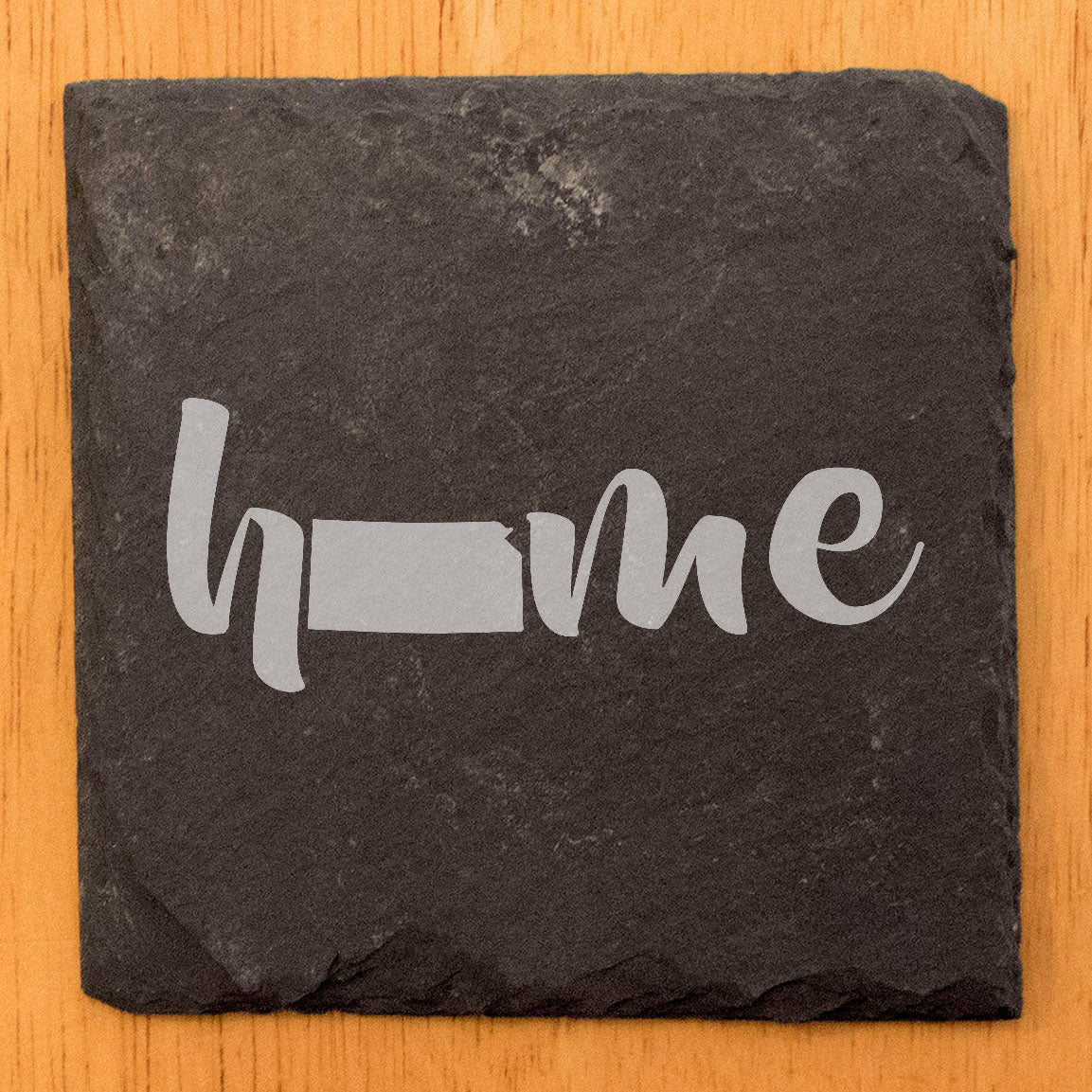 Rustic Slate Coasters Set of 4 - Laser Etched 'Home' Design with Kansas State - Perfect Gift for Holidays, Birthdays, Housewarming - 4" Round/Square - Made in Oregon, USA - Natural Chipped Edge