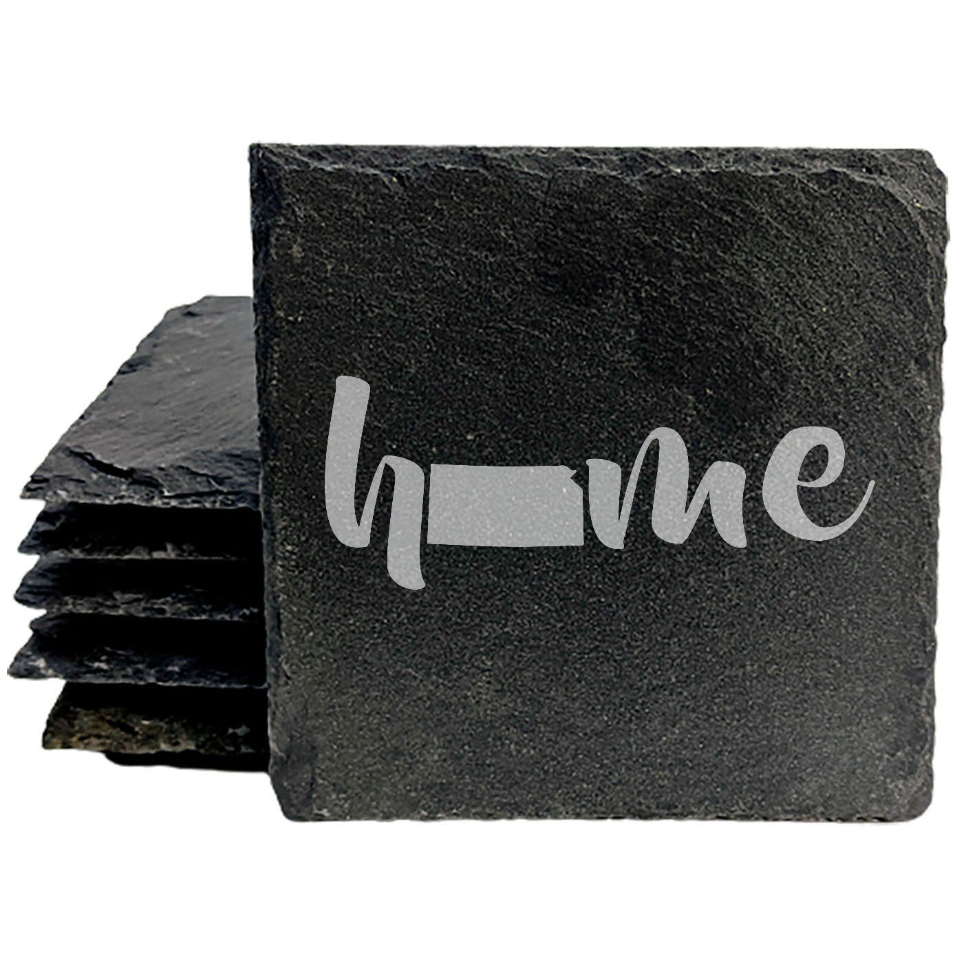 Rustic Slate Coasters Set of 4 - Laser Etched 'Home' Design with Kansas State - Perfect Gift for Holidays, Birthdays, Housewarming - 4" Round/Square - Made in Oregon, USA - Natural Chipped Edge