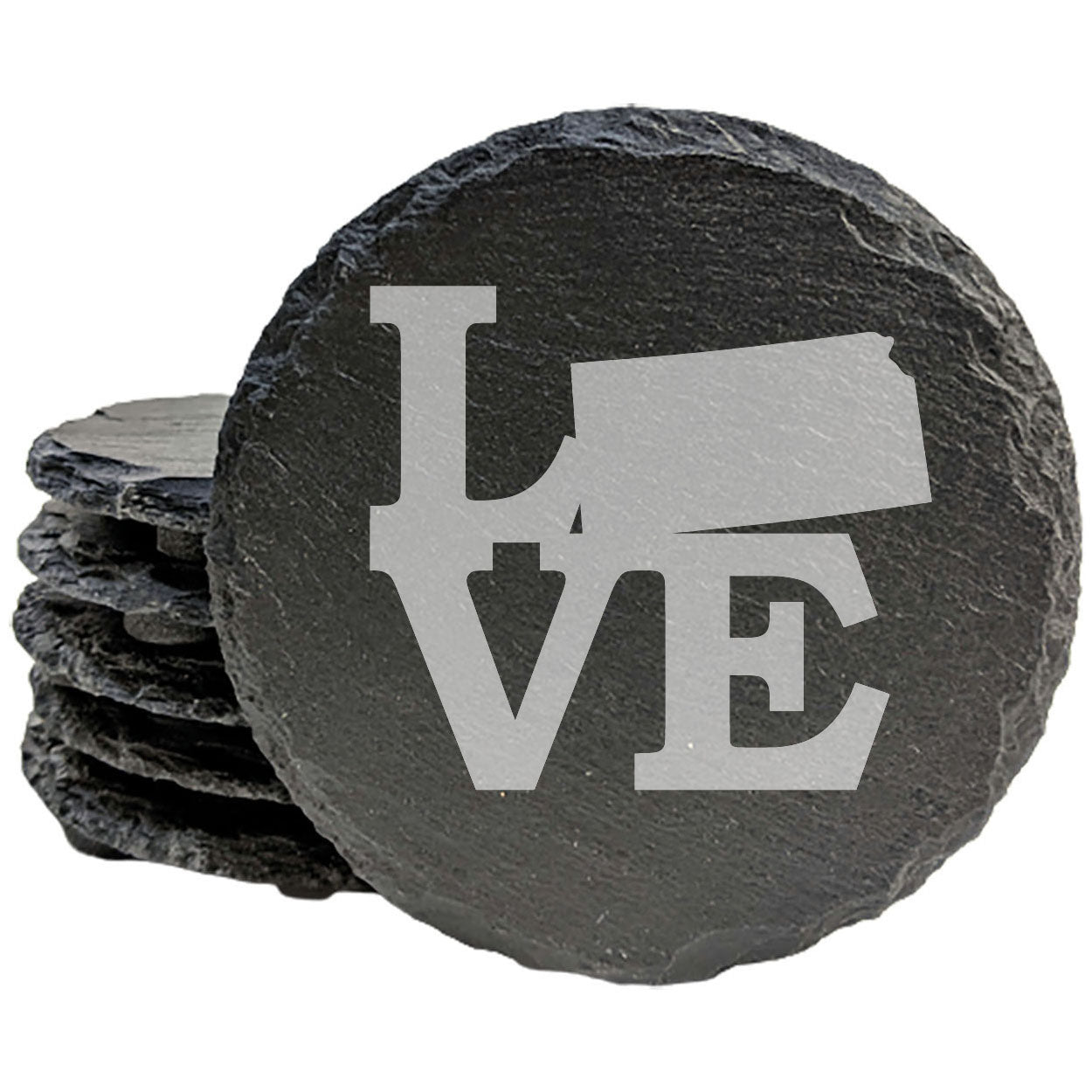 Rustic Slate Coasters Set of 4, Laser Etched 'LOVE' Kansas Design, 4" Round, Natural Chipped Edge, Rubber Feet, , Perfect for Holidays, Birthdays, Housewarming, Made in Oregon, USA