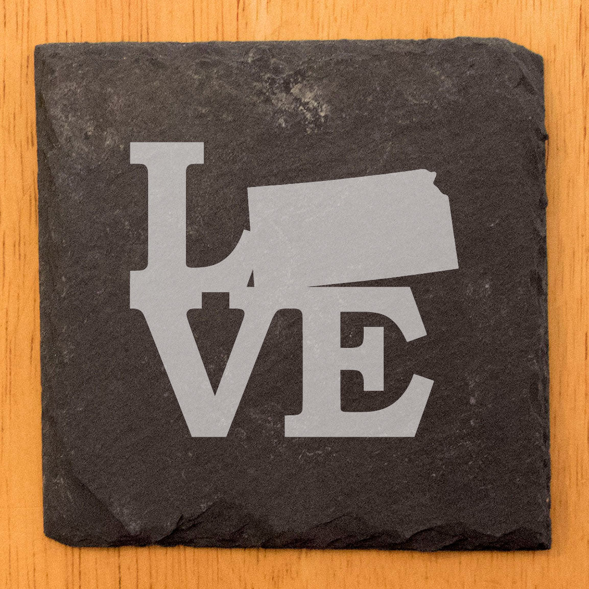 Rustic Slate Coasters Set of 4, Laser Etched 'LOVE' Kansas Design, 4" Round, Natural Chipped Edge, Rubber Feet, , Perfect for Holidays, Birthdays, Housewarming, Made in Oregon, USA