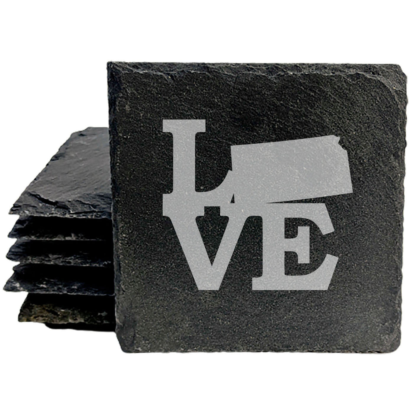 Rustic Slate Coasters Set of 4, Laser Etched 'LOVE' Kansas Design, 4" Round, Natural Chipped Edge, Rubber Feet, , Perfect for Holidays, Birthdays, Housewarming, Made in Oregon, USA