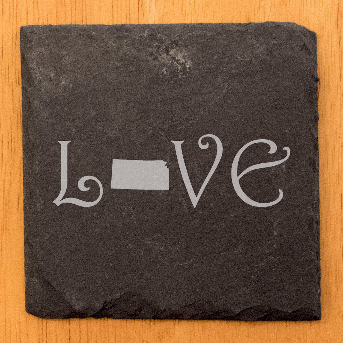 Rustic Slate Coasters Set of 4, Laser Etched 'LOVE' Design with Kansas State, 4" Square, Natural Chipped Edge, Rubber Feet, Perfect Gift for Holidays, Birthdays, Housewarming, Made in USA