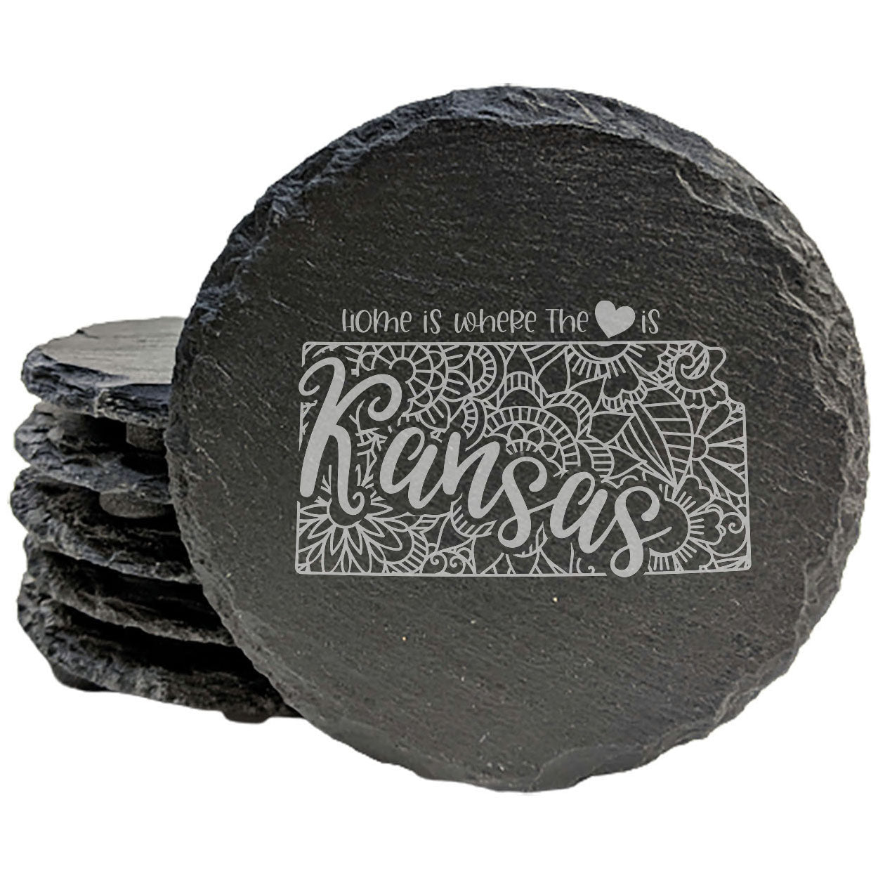 Rustic Slate Coasters Set of 4, Round 4" with Kansas Mandala Design, 'Home is Where the Heart Is' Quote, Perfect Gift for Holidays, Birthdays, Housewarming, Made in Oregon, USA, Small Business