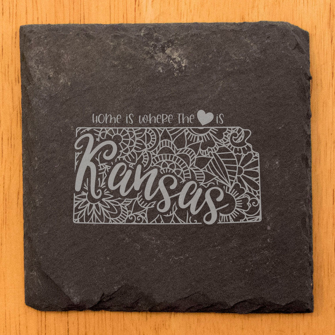 Rustic Slate Coasters Set of 4, Round 4" with Kansas Mandala Design, 'Home is Where the Heart Is' Quote, Perfect Gift for Holidays, Birthdays, Housewarming, Made in Oregon, USA, Small Business