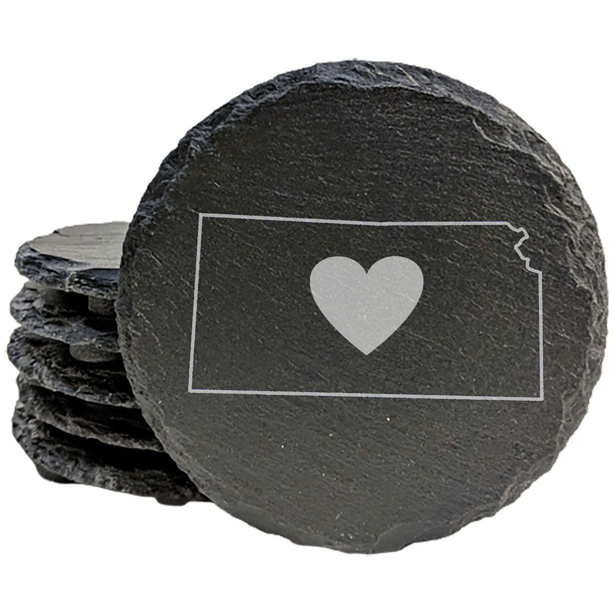 Rustic Slate Coasters Set of 4, Round 4" with Kansas Heart Design, Laser Etched, Perfect for Holidays, Birthdays, Housewarming Gifts, She-Shed or Man Cave, Made in Oregon, USA, Natural Edge