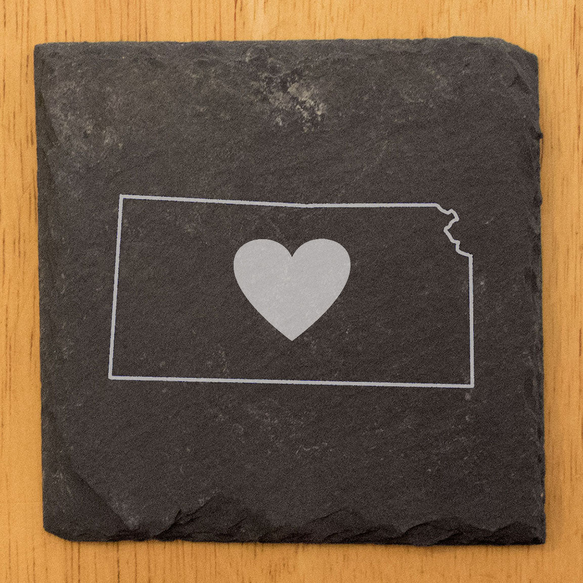 Rustic Slate Coasters Set of 4, Round 4" with Kansas Heart Design, Laser Etched, Perfect for Holidays, Birthdays, Housewarming Gifts, She-Shed or Man Cave, Made in Oregon, USA, Natural Edge
