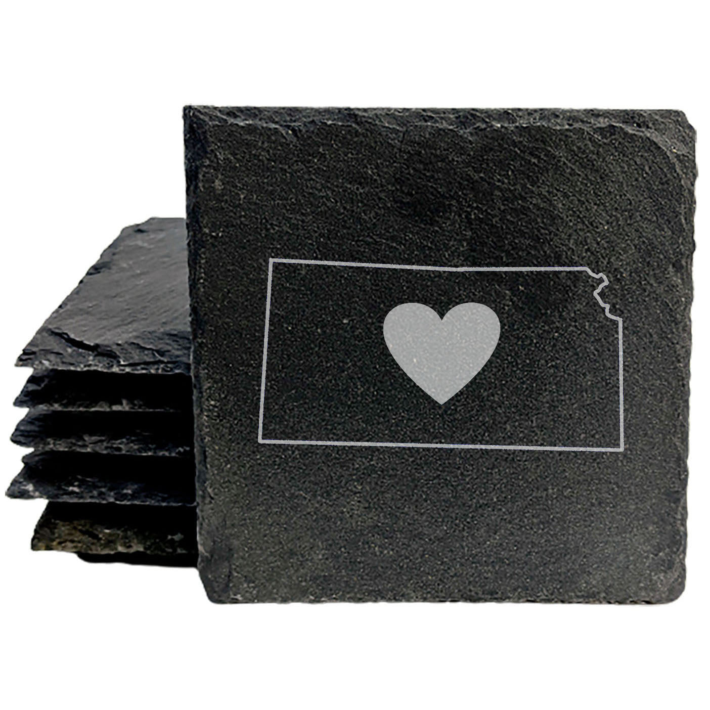 Rustic Slate Coasters Set of 4, Round 4" with Kansas Heart Design, Laser Etched, Perfect for Holidays, Birthdays, Housewarming Gifts, She-Shed or Man Cave, Made in Oregon, USA, Natural Edge