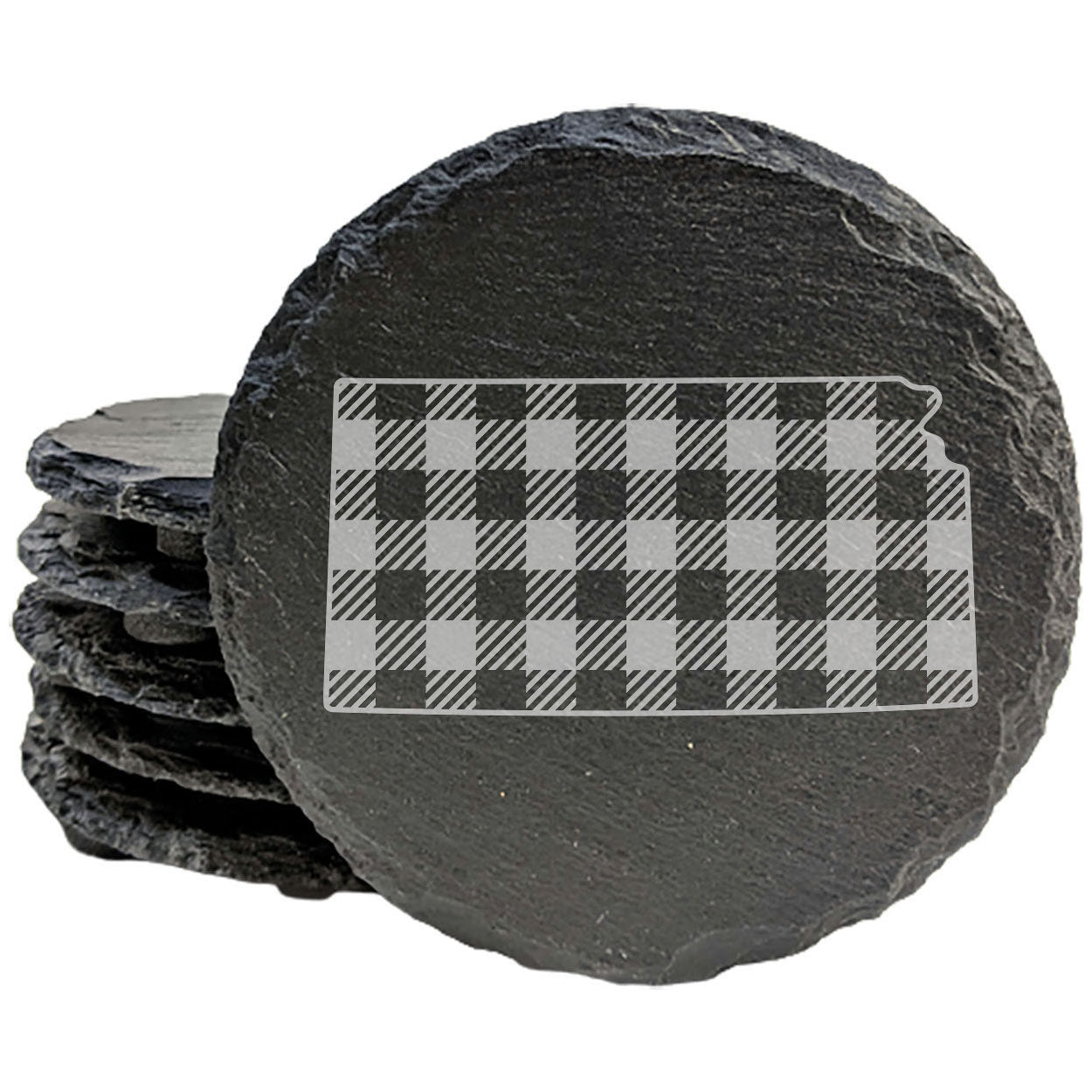 Rustic Slate Coasters Set of 4 - Kansas Plaid Design, 4" Round, Natural Chipped Edge, Rubber Feet, - Perfect for Holidays, Birthdays, Housewarming - Made in Oregon, USA