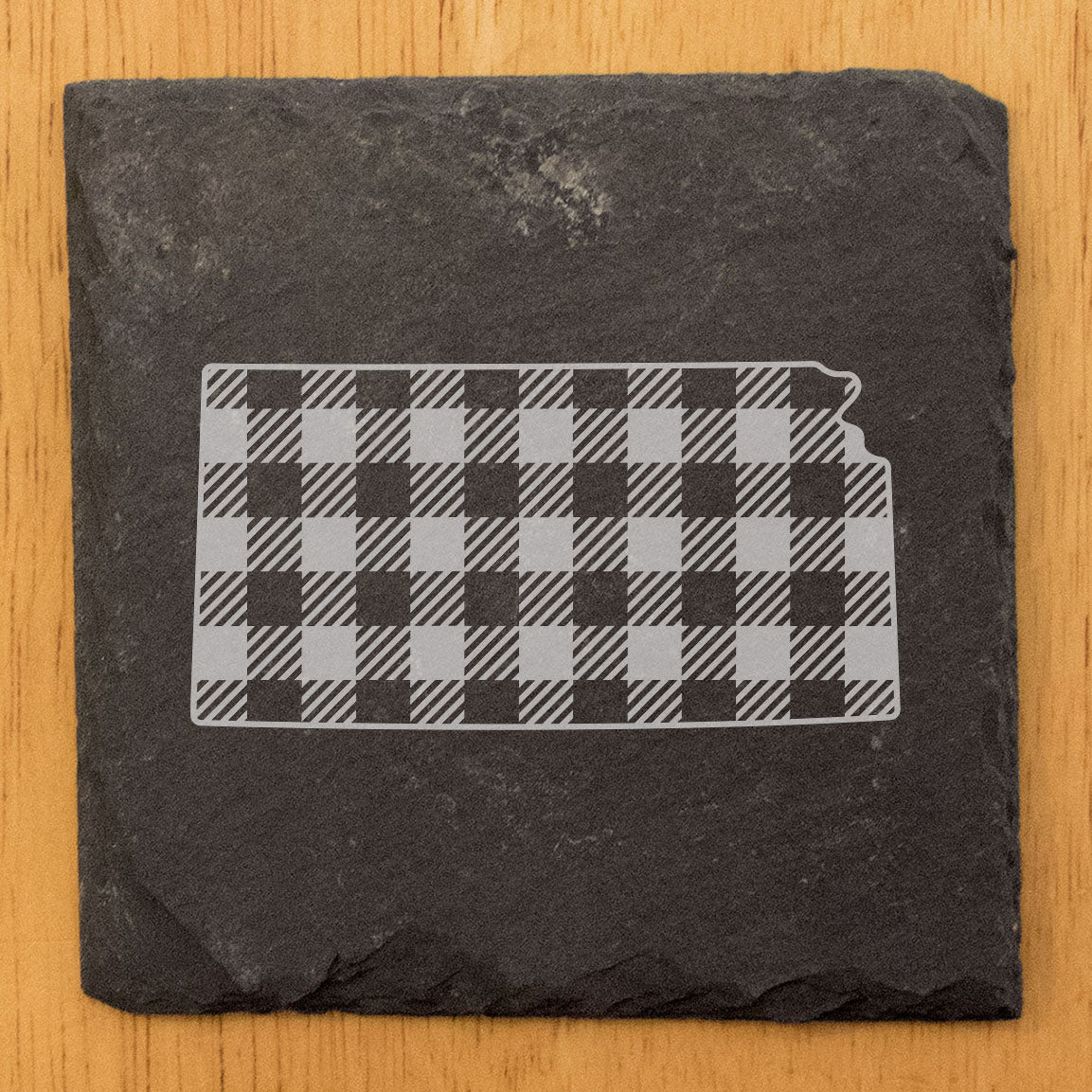 Rustic Slate Coasters Set of 4 - Kansas Plaid Design, 4" Round, Natural Chipped Edge, Rubber Feet, - Perfect for Holidays, Birthdays, Housewarming - Made in Oregon, USA