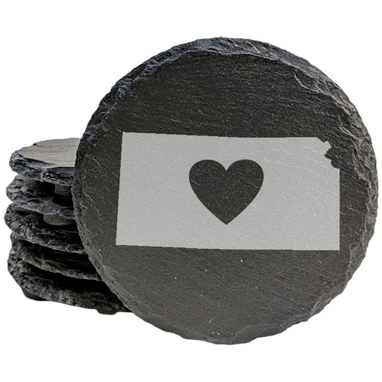 Rustic Slate Coasters Set of 4, Kansas Heart Design, 4" Round, Laser Etched, Natural Chipped Edge, Rubber Feet, , Perfect for Holidays, Birthdays, Housewarming, Made in Oregon, USA