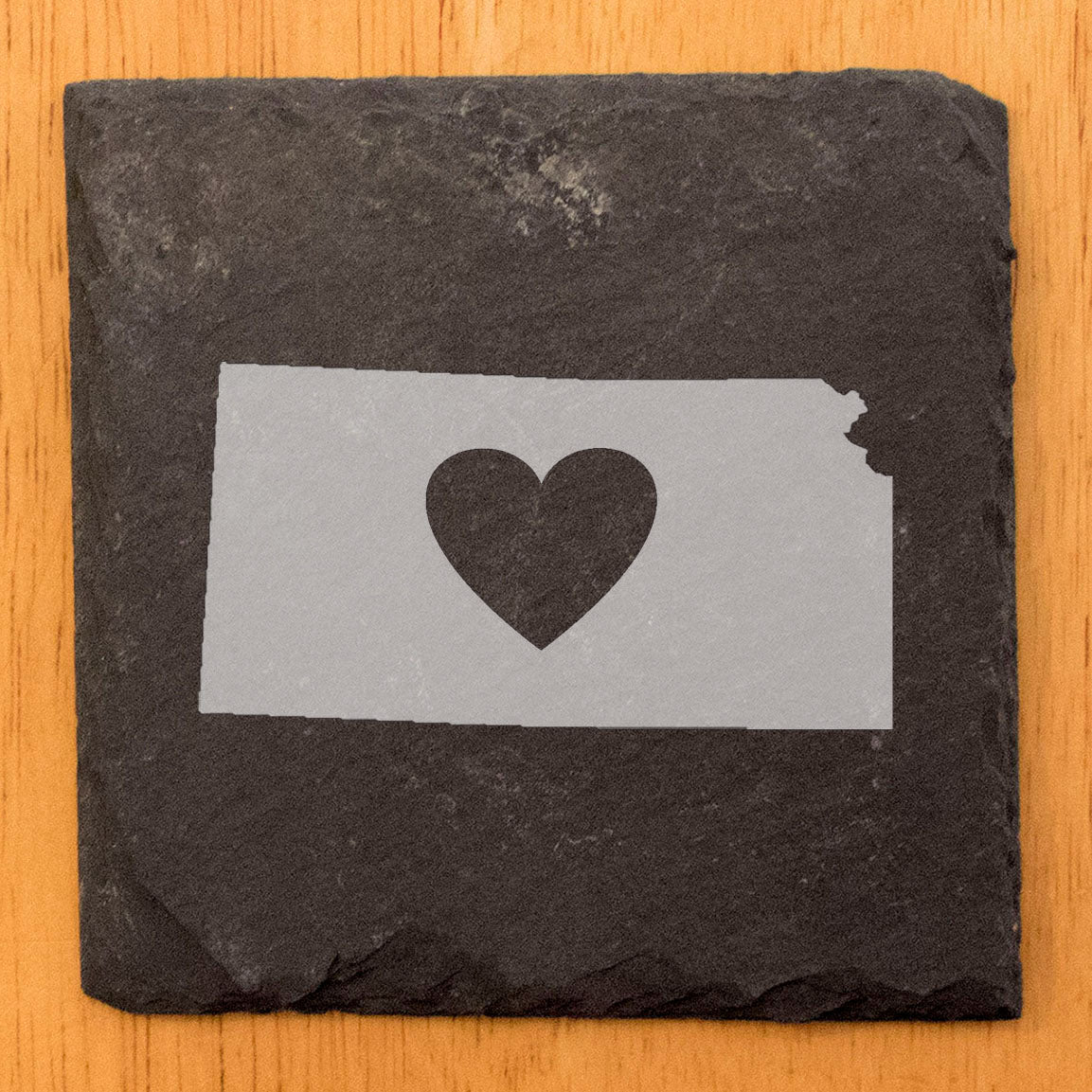 Rustic Slate Coasters Set of 4, Kansas Heart Design, 4" Round, Laser Etched, Natural Chipped Edge, Rubber Feet, , Perfect for Holidays, Birthdays, Housewarming, Made in Oregon, USA
