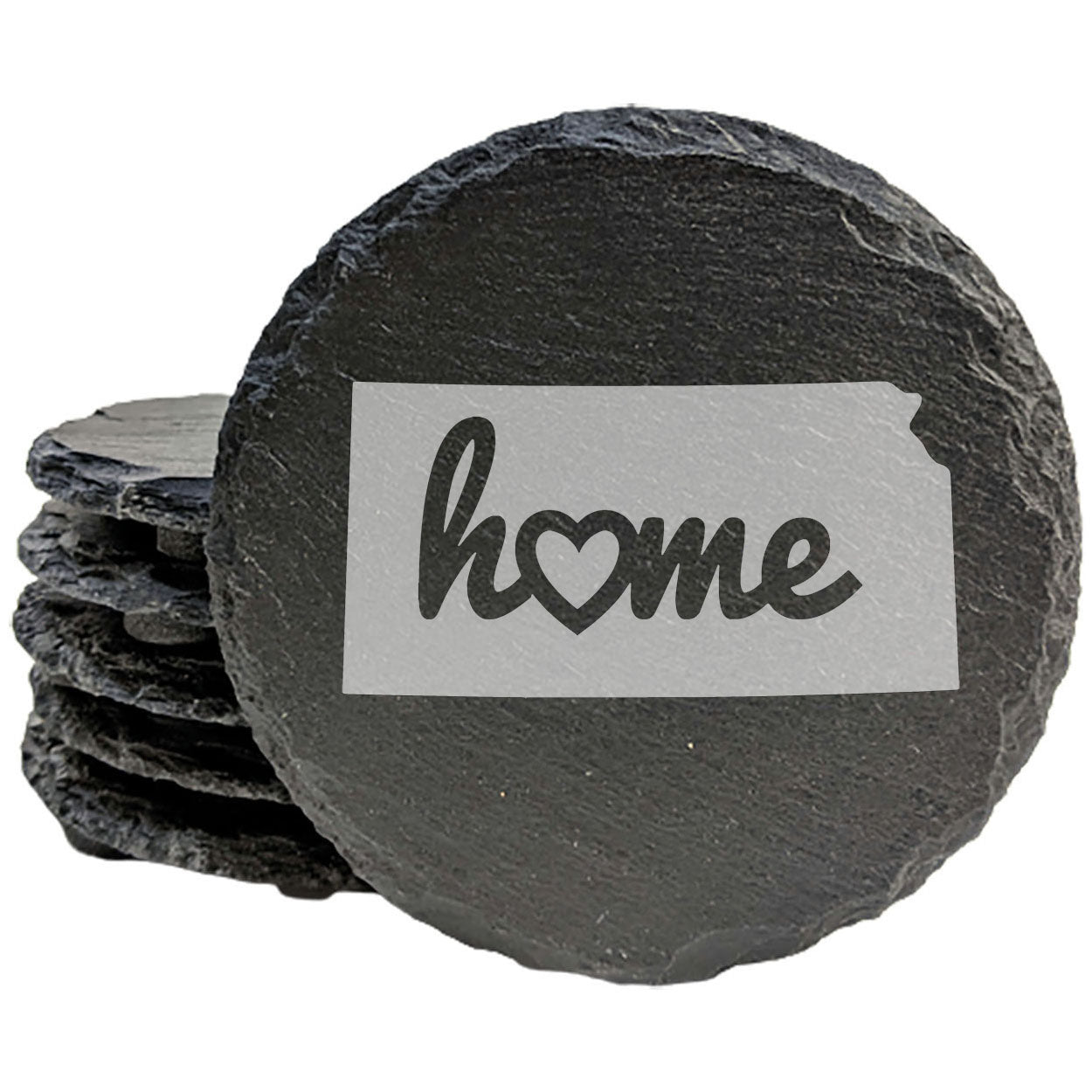 Rustic Slate Coasters Set of 4 - Kansas 'Home' Design, Heart Detail, 4" Round, Natural Chipped Edge, Rubber Feet, - Perfect for Holidays, Birthdays, Housewarming - Made in USA