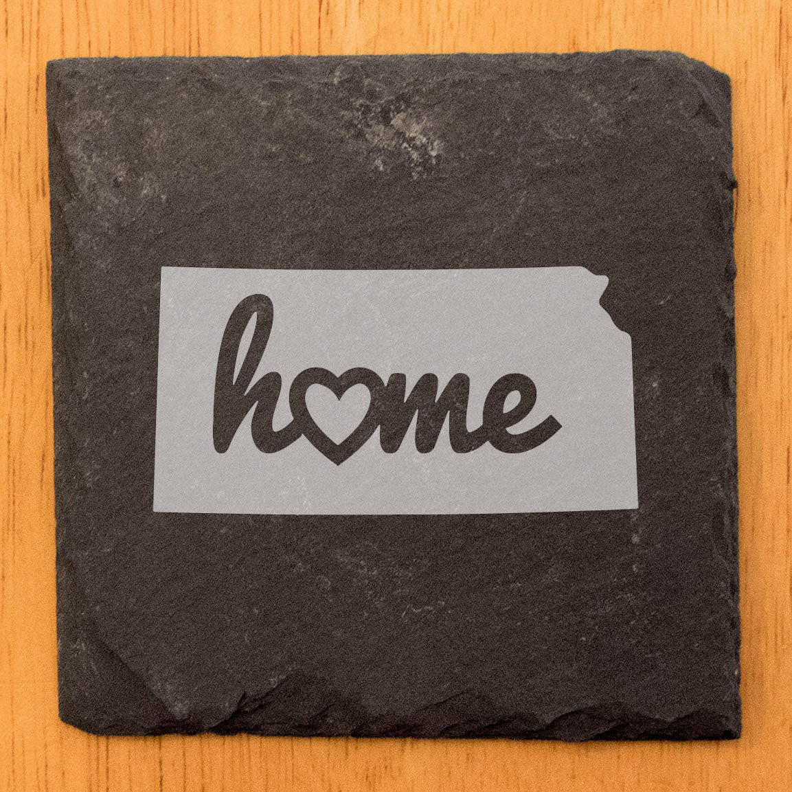 Rustic Slate Coasters Set of 4 - Kansas 'Home' Design, Heart Detail, 4" Round, Natural Chipped Edge, Rubber Feet, - Perfect for Holidays, Birthdays, Housewarming - Made in USA