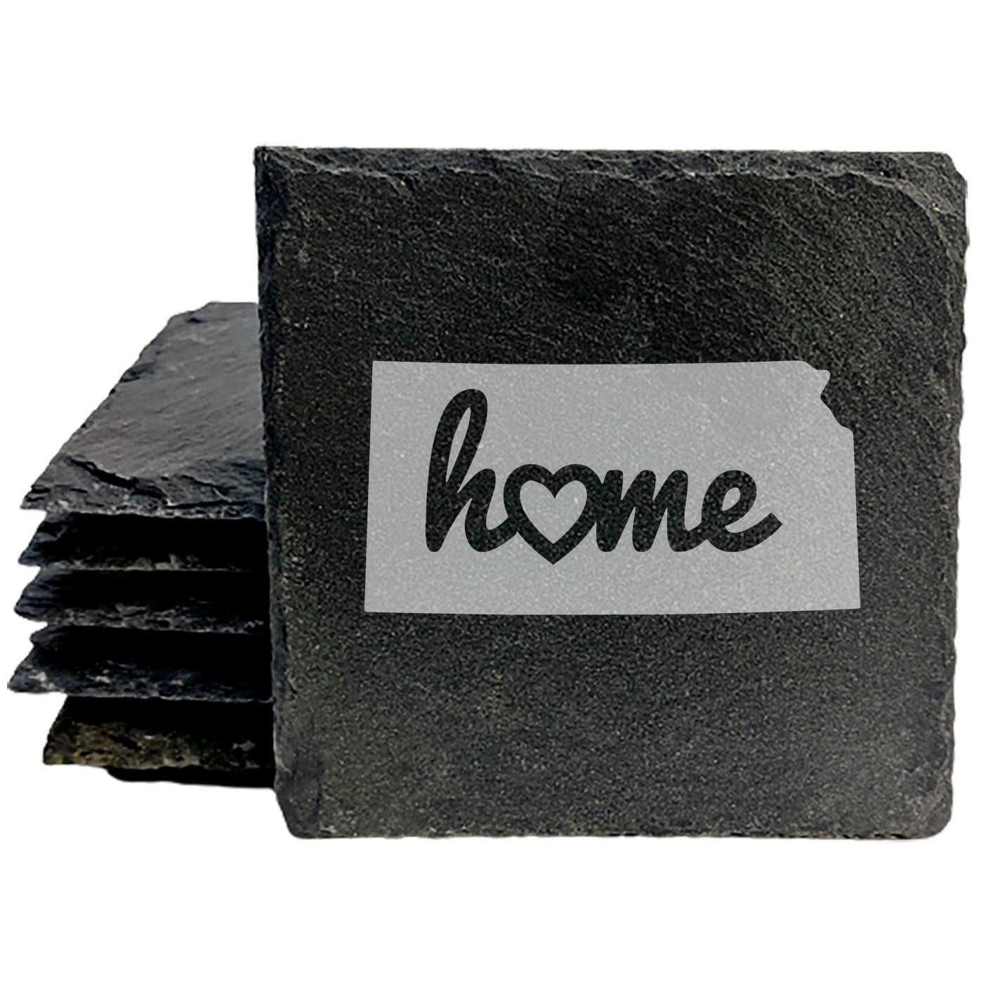 Rustic Slate Coasters Set of 4 - Kansas 'Home' Design, Heart Detail, 4" Round, Natural Chipped Edge, Rubber Feet, - Perfect for Holidays, Birthdays, Housewarming - Made in USA