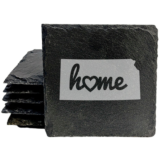 Rustic Slate Coasters Set of 4 - Kansas 'Home' Design, Heart Detail, 4" Round, Natural Chipped Edge, Rubber Feet,  - Perfect for Holidays, Birthdays, Housewarming - Made in USA
