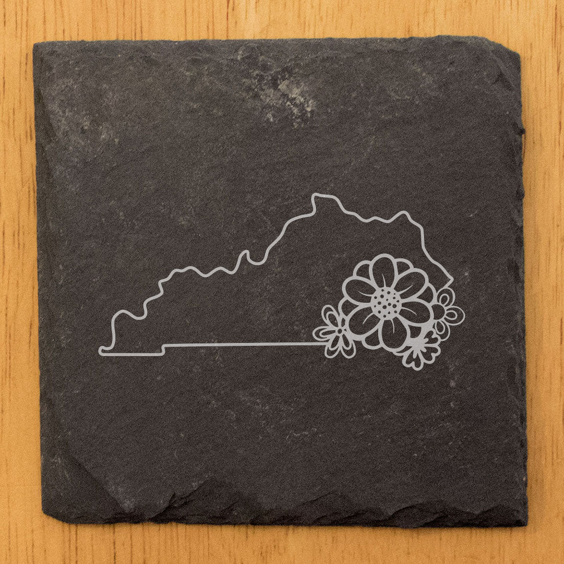 Rustic Slate Coasters Set of 4 - Kentucky State Outline Design, 4" Round/Square, Natural Chipped Edge, Rubber Feet, - Perfect for Holidays, Birthdays, Housewarming - Made in USA
