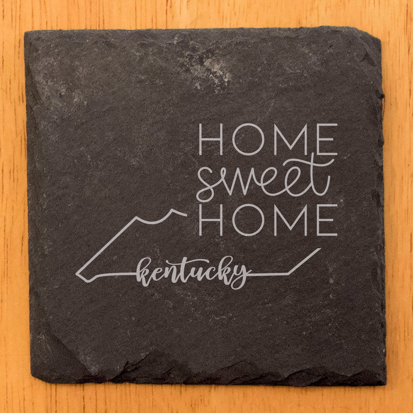Rustic Slate Coasters Set of 4, 4" Round, Laser Etched Kentucky Design, 'Home Sweet Home', Perfect Gift for Holidays, Birthdays, Housewarming, Made in Oregon, USA, Natural Chipped Edge, Rubber Feet