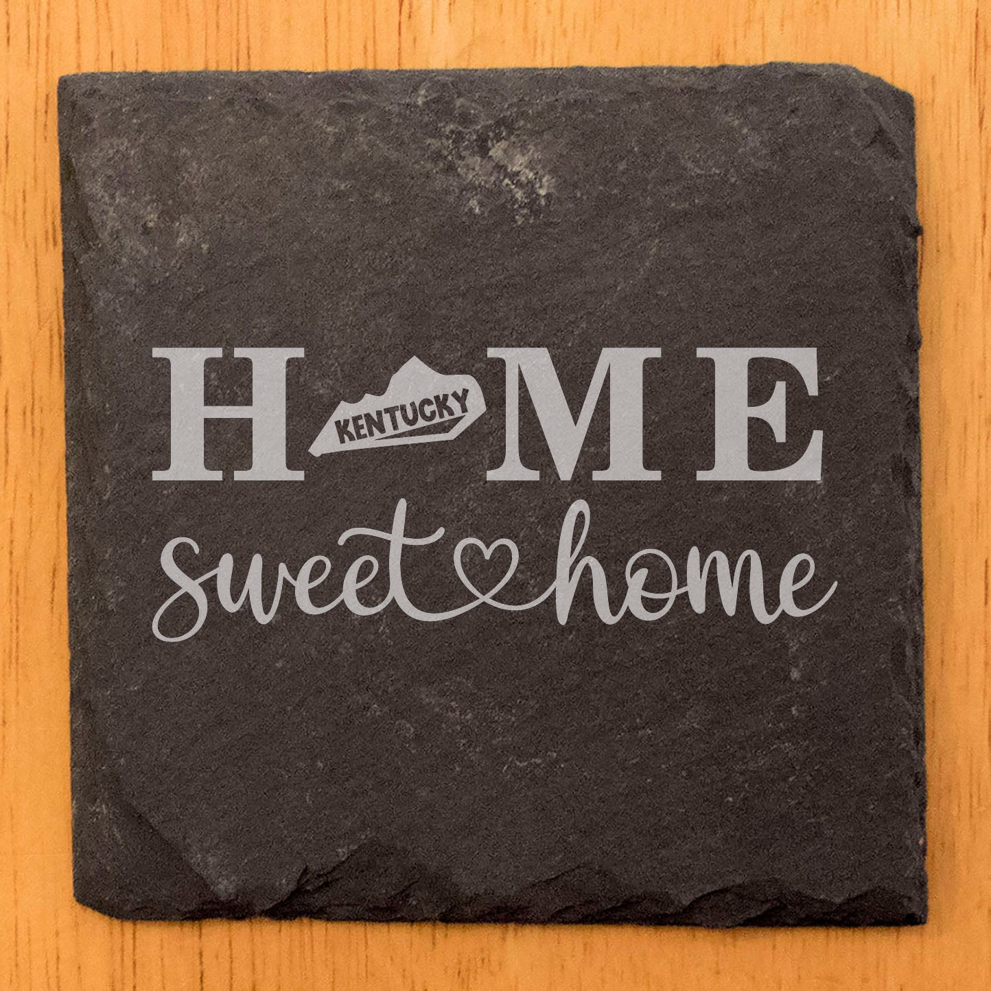 Rustic Slate Coasters Set of 4, Laser Etched 'HOME SWEET HOME' Design, Kentucky State Shape, Perfect Gift for Holidays, Birthdays, Housewarming, Made in Oregon, USA, 4" Round, Natural Edge