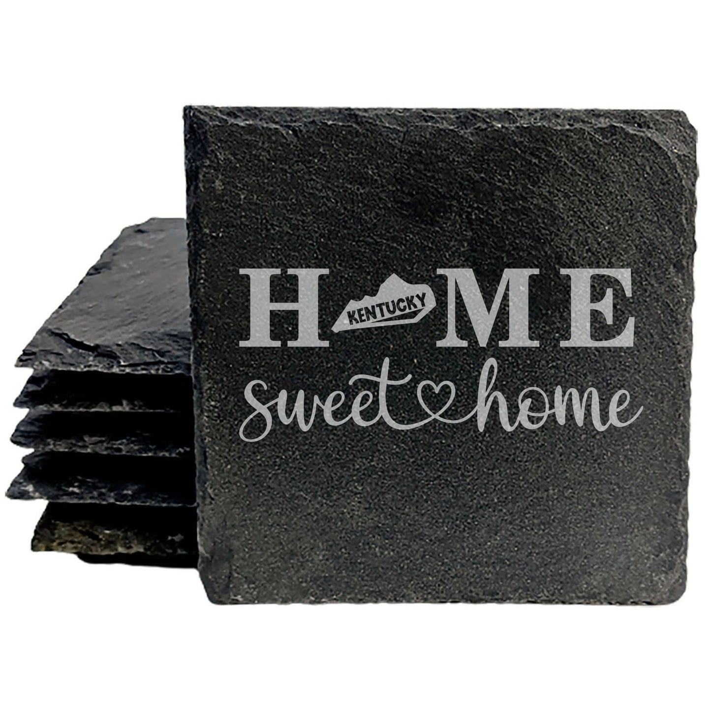 Rustic Slate Coasters Set of 4, Laser Etched 'HOME SWEET HOME' Design, Kentucky State Shape, Perfect Gift for Holidays, Birthdays, Housewarming, Made in Oregon, USA, 4" Round, Natural Edge