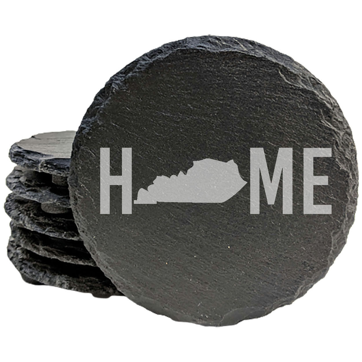 Rustic Slate Coasters Set of 4, Laser Etched 'HOME' Design with Kentucky State, 4" Round, Natural Chipped Edge, Rubber Feet, Perfect Gift for Holidays, Birthdays, Housewarming, Made in USA