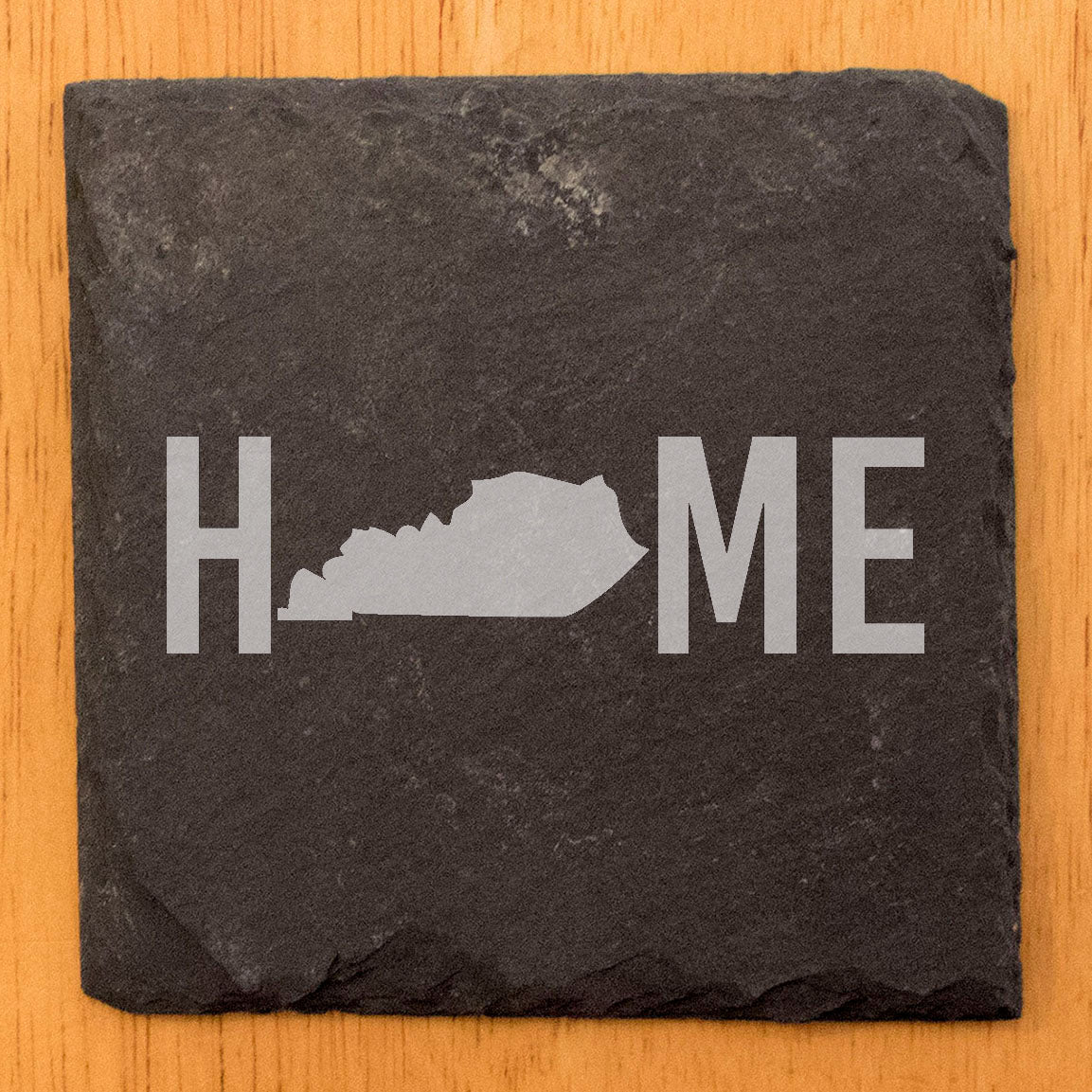 Rustic Slate Coasters Set of 4, Laser Etched 'HOME' Design with Kentucky State, 4" Round, Natural Chipped Edge, Rubber Feet, Perfect Gift for Holidays, Birthdays, Housewarming, Made in USA