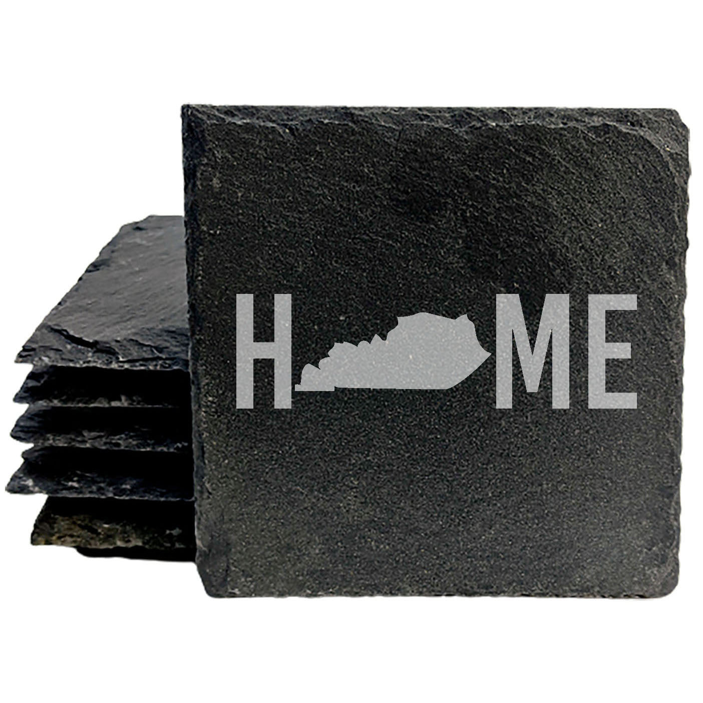 Rustic Slate Coasters Set of 4, Laser Etched 'HOME' Design with Kentucky State, 4" Round, Natural Chipped Edge, Rubber Feet, Perfect Gift for Holidays, Birthdays, Housewarming, Made in USA