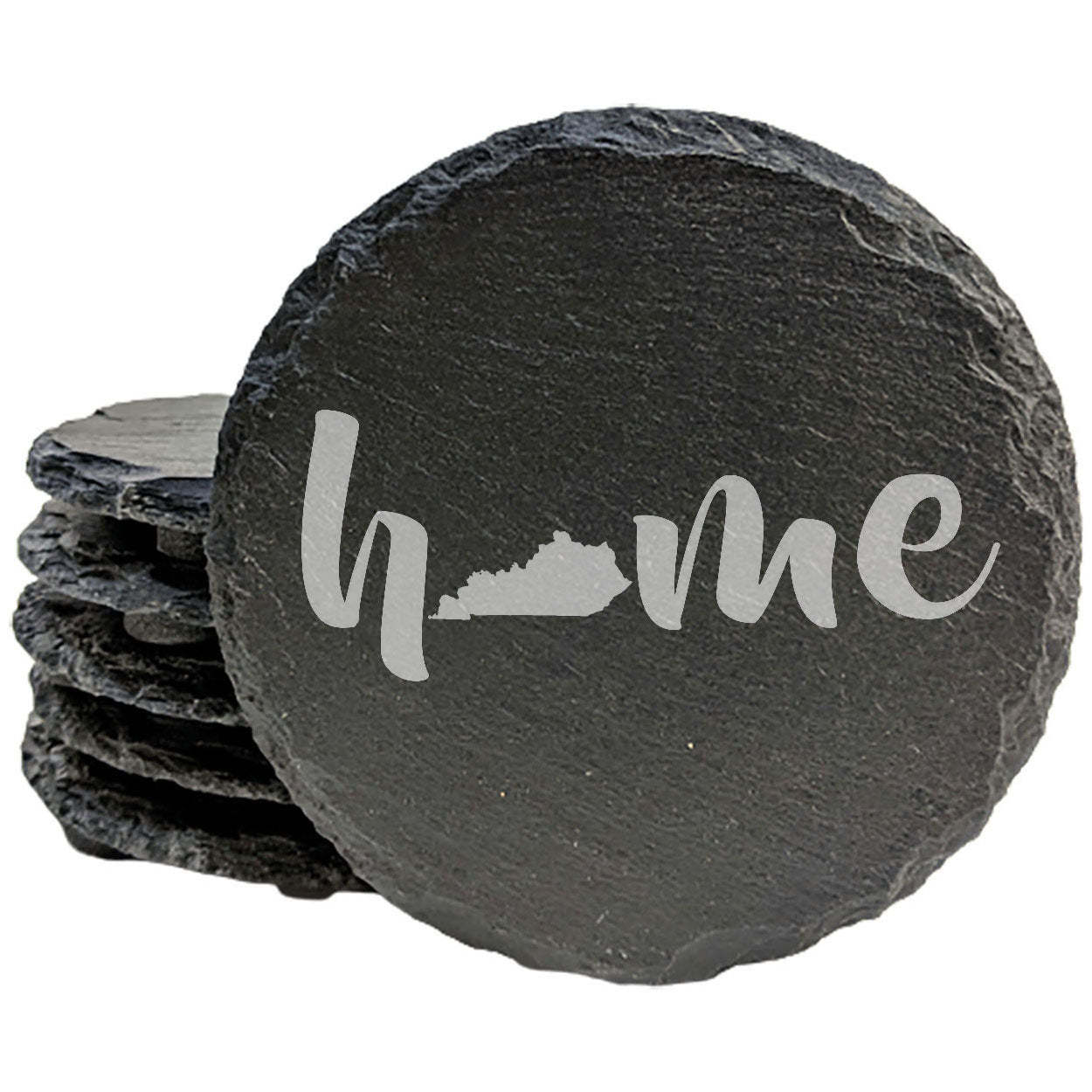 Rustic Slate Coasters Set of 4 - Laser Etched 'Home' Design with Kentucky State - Perfect Gift for Holidays, Birthdays, Housewarming - 4" Round/Square - Made in Oregon, USA - Natural Chipped Edge