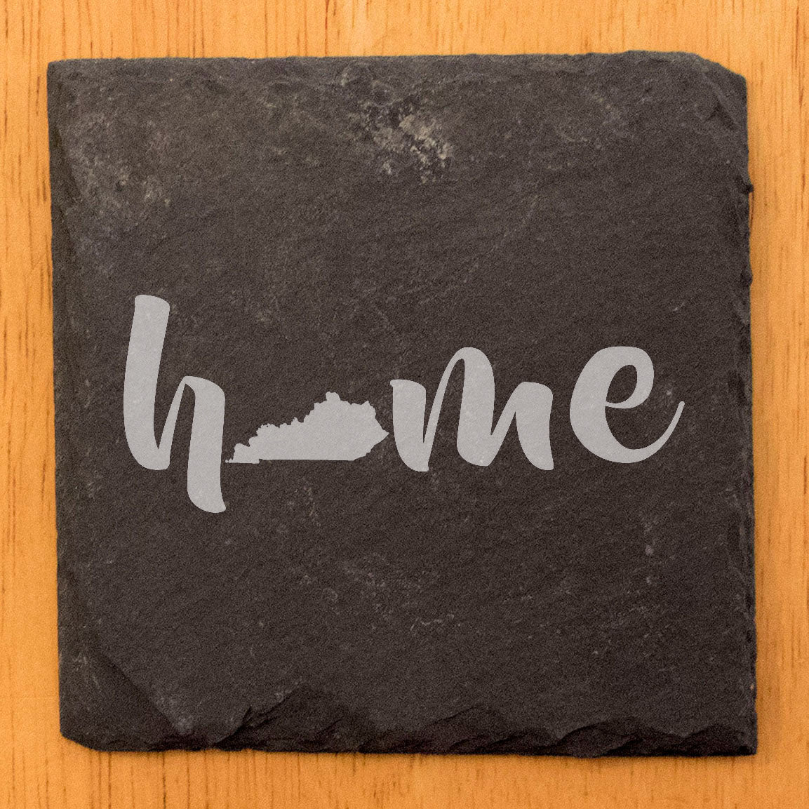 Rustic Slate Coasters Set of 4 - Laser Etched 'Home' Design with Kentucky State - Perfect Gift for Holidays, Birthdays, Housewarming - 4" Round/Square - Made in Oregon, USA - Natural Chipped Edge