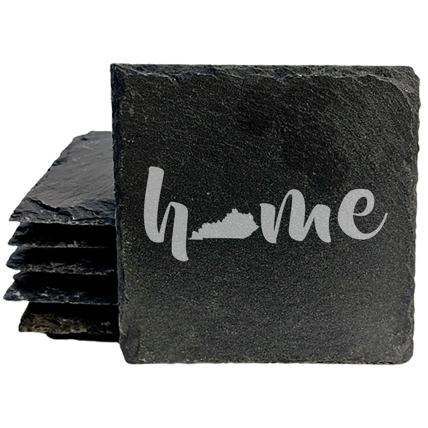 Rustic Slate Coasters Set of 4 - Laser Etched 'Home' Design with Kentucky State - Perfect Gift for Holidays, Birthdays, Housewarming - 4" Round/Square - Made in Oregon, USA - Natural Chipped Edge