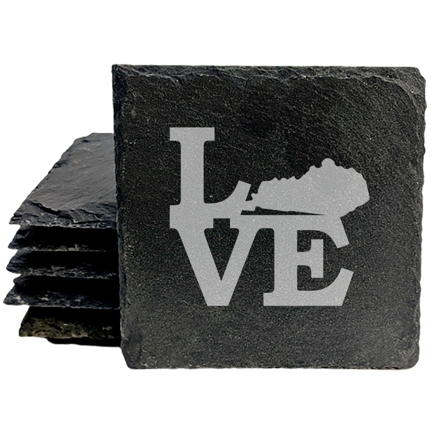 Rustic Slate Coasters Set of 4, Laser Etched 'LOVE' Design with Kentucky State, 4" Round, Natural Chipped Edge, Rubber Feet, , Perfect for Holidays, Birthdays, Housewarming, USA Made
