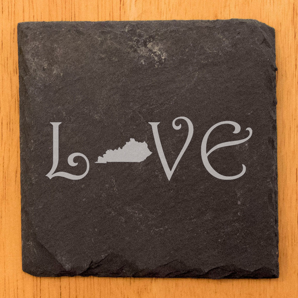 Rustic Slate Coasters Set of 4, Laser Etched 'LOVE' Design with Kentucky State, 4" Square, Natural Chipped Edge, Rubber Feet, , Perfect for Holidays, Birthdays, Housewarming, USA Made