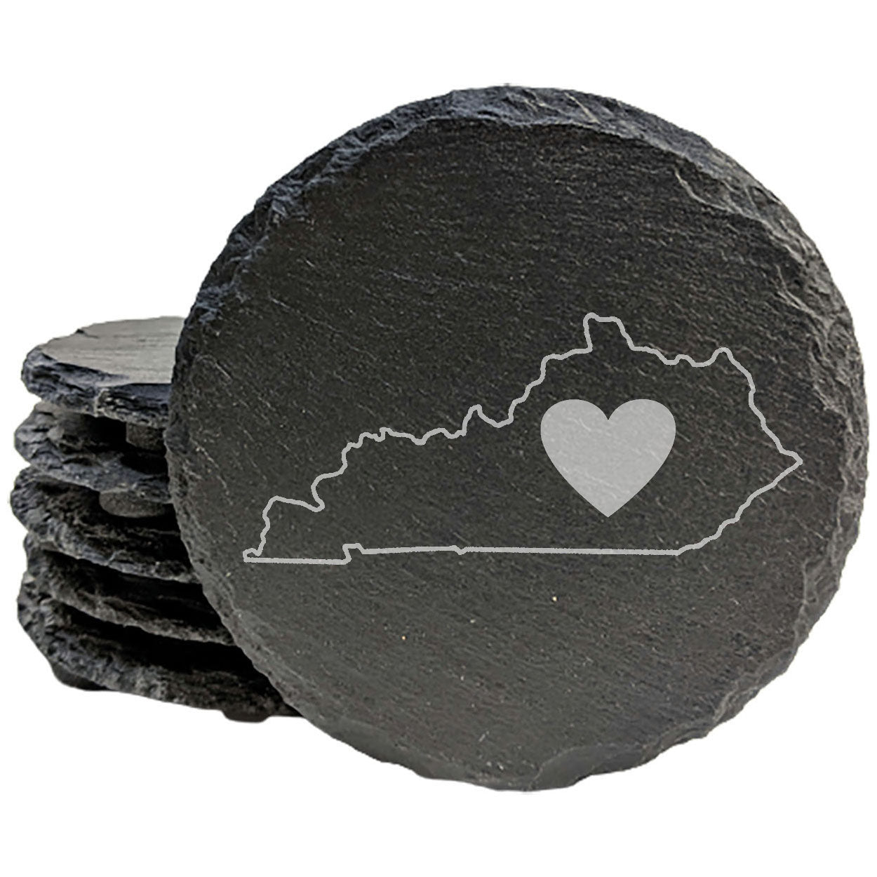 Rustic Slate Coasters Set of 4, Round 4" with Kentucky Heart Design, Laser Etched, Perfect for Holidays, Birthdays, Housewarming Gifts, Made in Oregon, USA, Natural Chipped Edge, Rubber Feet