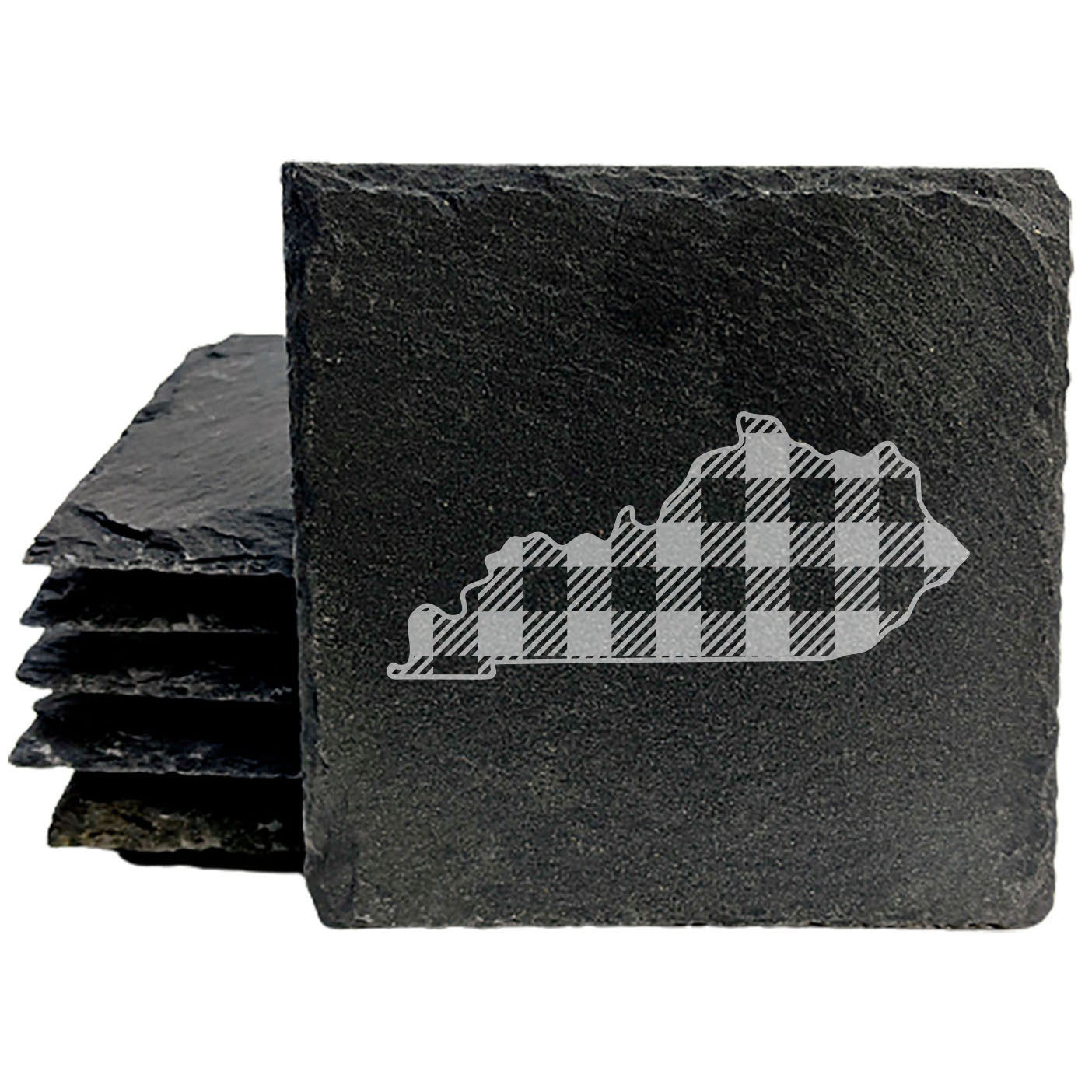 Rustic Slate Coasters Set of 4, Laser Etched Kentucky Plaid Design, 4" Round, Natural Chipped Edge, Rubber Feet, , Perfect for Holidays, Birthdays, Housewarming, Made in Oregon, USA