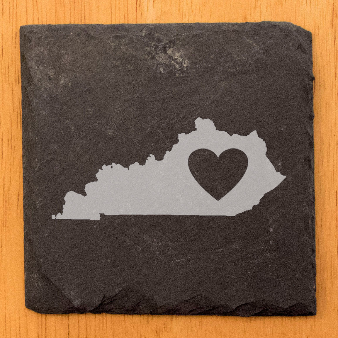 Rustic Slate Coasters Set of 4, Laser Etched Kentucky Design with Heart, 4" Round, Natural Chipped Edge, Rubber Feet, , Perfect for Holidays, Birthdays, Housewarming, Made in USA